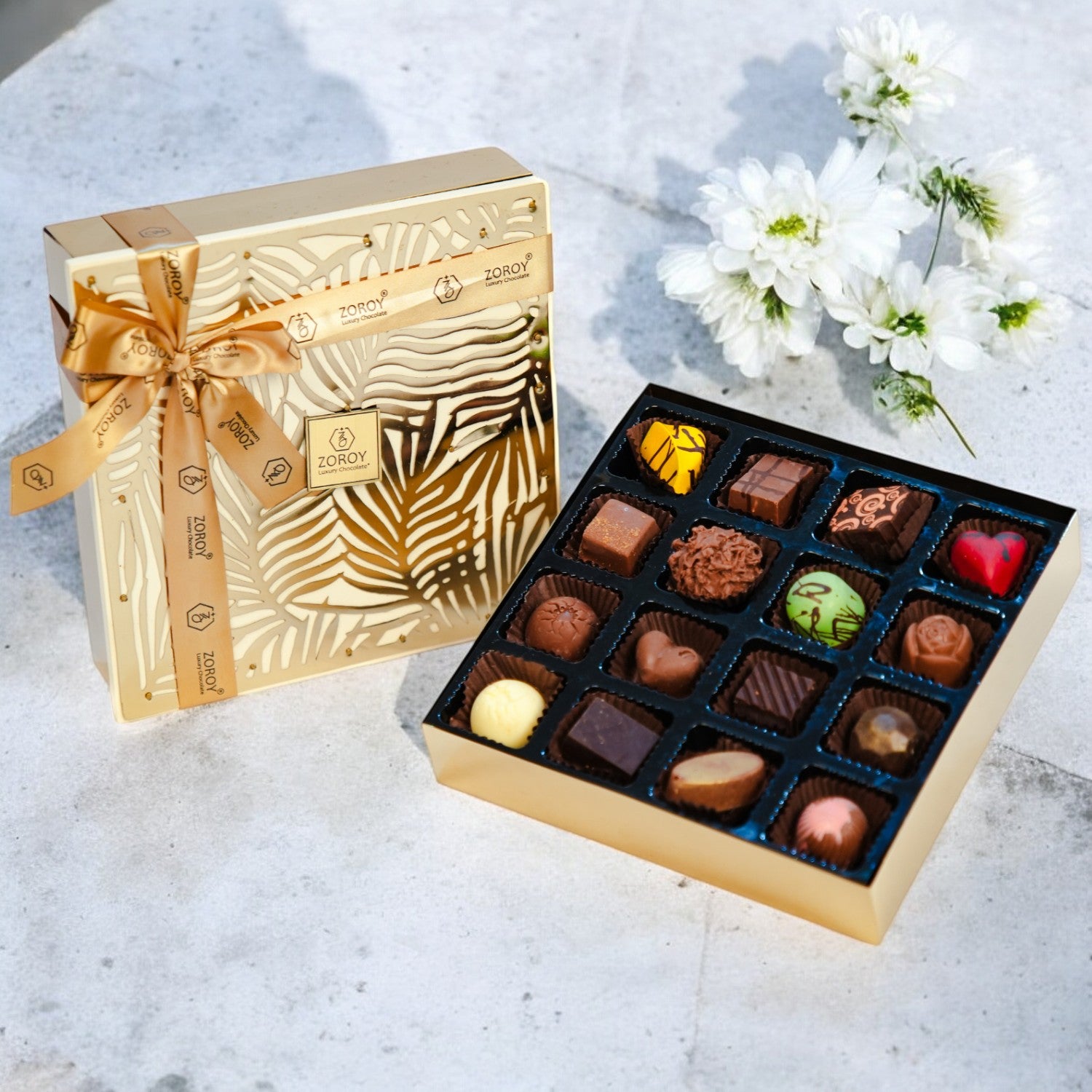 ZOROY Luxury Chocolate Premium Metal palm box | assorted chocolates 16 nos Gift Box for Diwali Festive Celebration Christmas Valentine Love New Year Rakhi Corporate combo Dark and Milk | 100% Veg