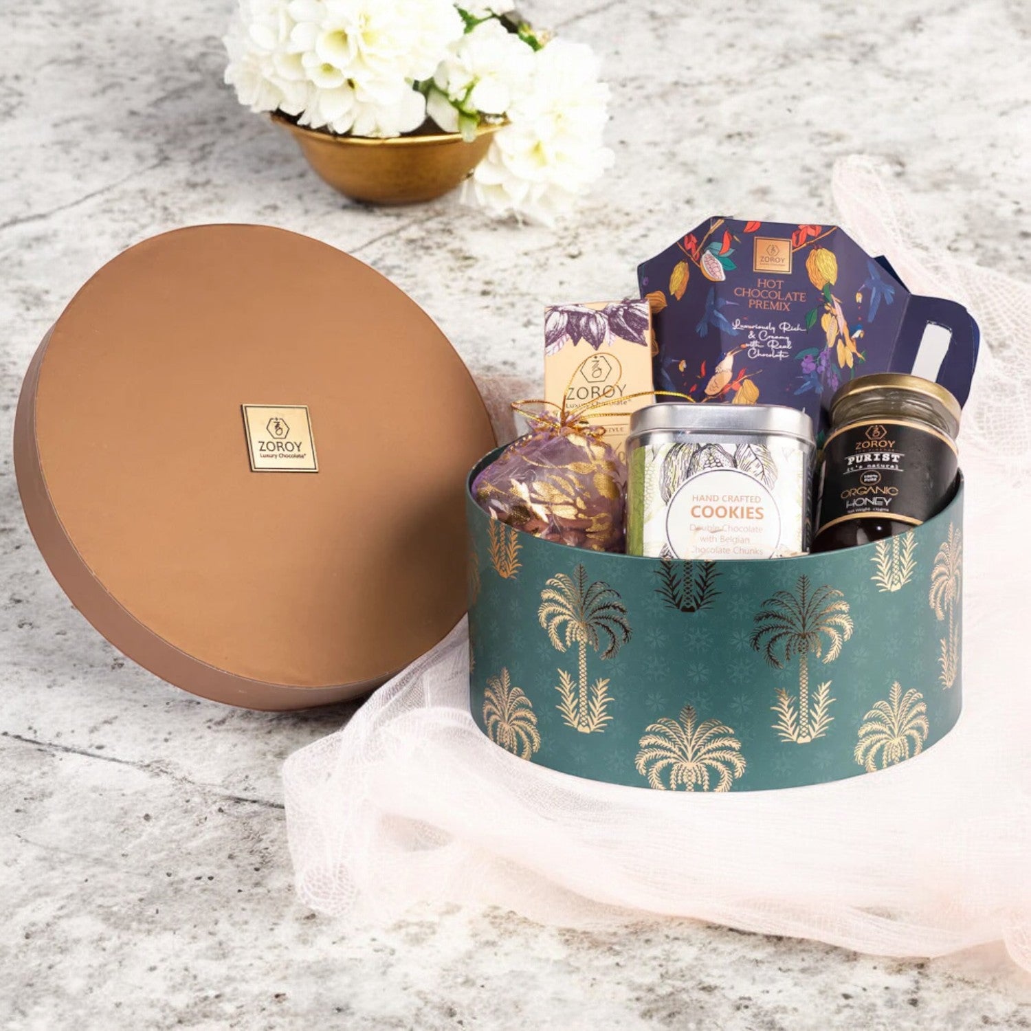 ZOROY Luxury Chocolate Palms Hot Chocolate Gift Hamper For Diwali Corporate Weeding Christmas | Belgian style chocolate | Dry fruits | Signature Hot chocolate Premix | Handcrafted cookies | 100% Veg