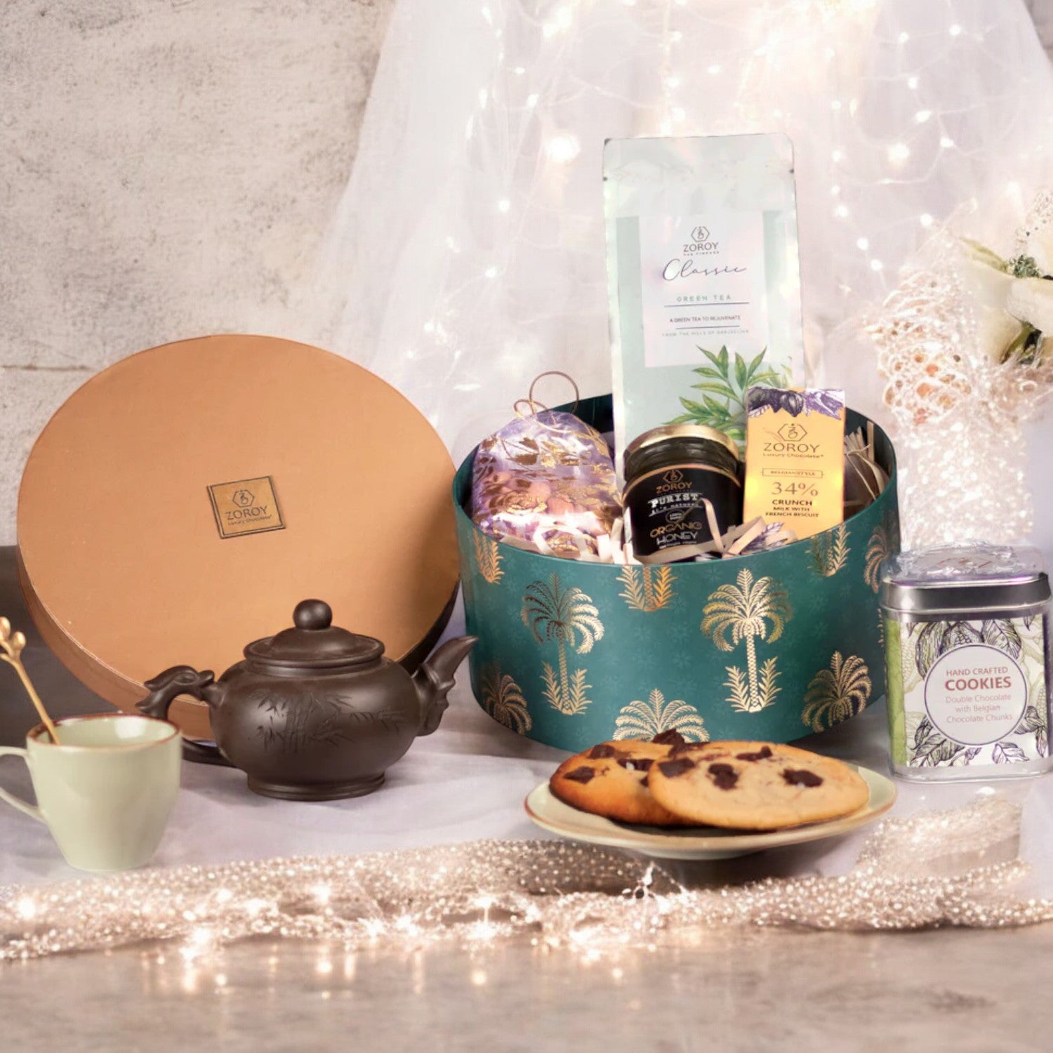 ZOROY Luxury Chocolate Palms Green Tea Gift Hamper For Diwali Corporate Birthday Weeding Christmas Festive | Belgian style chocolate | Dry fruits | Handcrafted cookies | 100% Veg