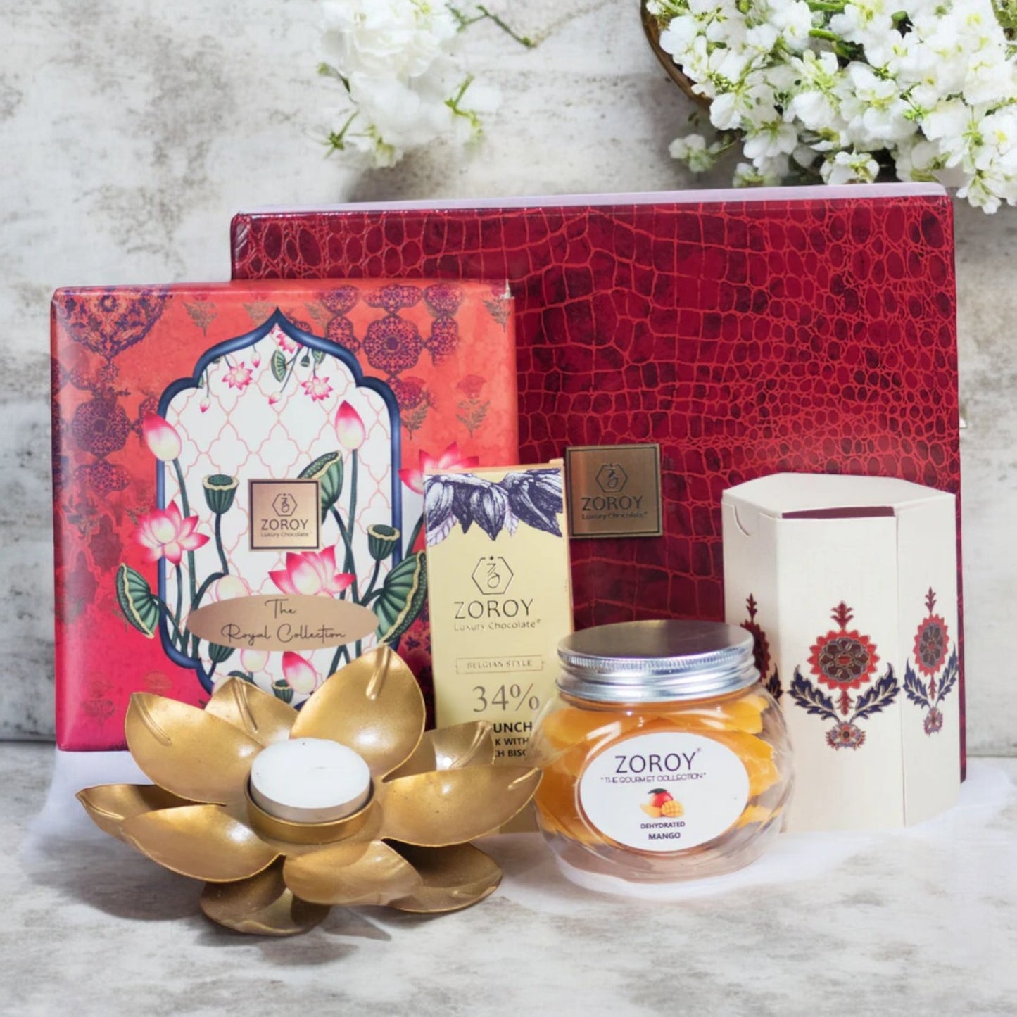 ZOROY Luxury Chocolate Royal Mini Gift Hamper For Diwali Corporate Birthday Christmas Almond buttercrunch| Dry Fruits Dehydrated fruits Belgian style chocolate bars Lotus shaped T-lite holder