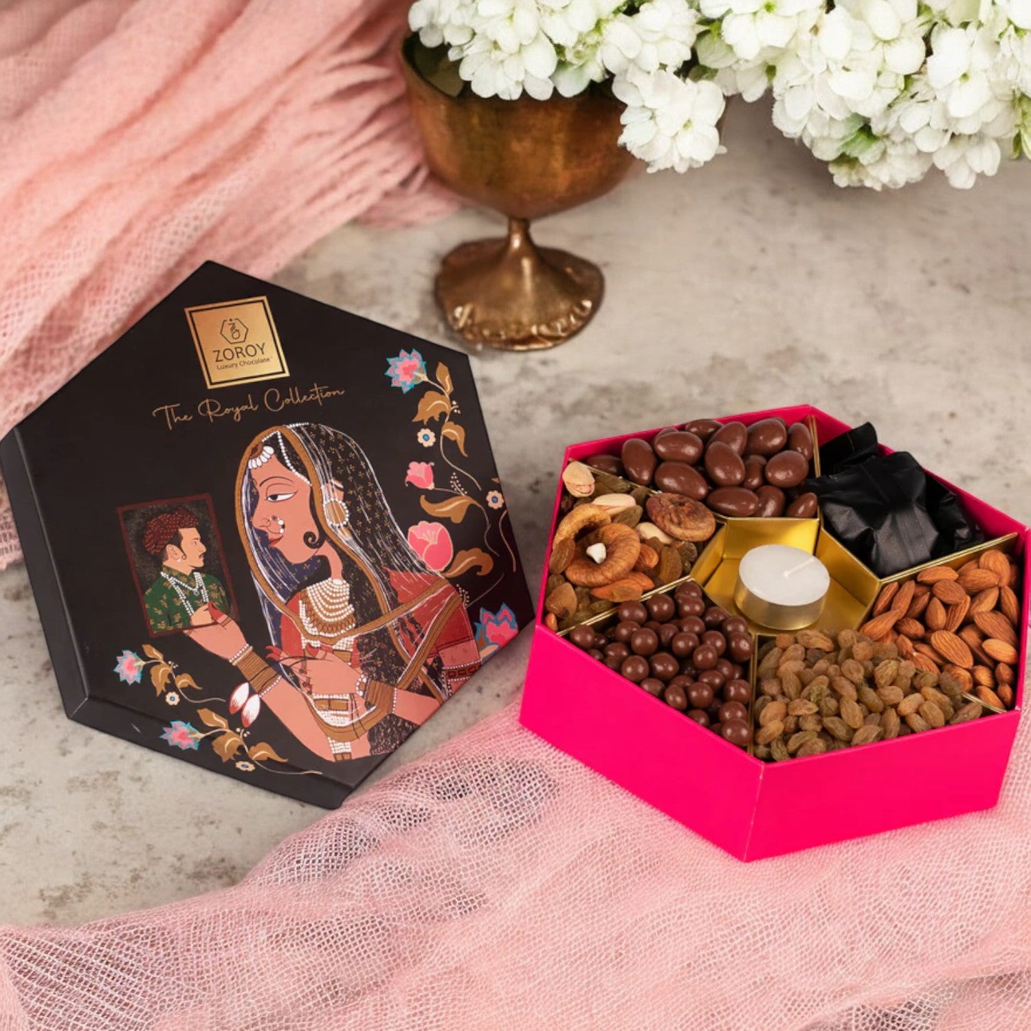 ZOROY Luxury Chocolate Maharani Hexagon Gift Hamper Combo For Diwali Corporate Birthday Weeding Christmas | Dry fruits asortment | Assorted Chooclates Chocolate coated nuts | T-lite candle | 100% Veg