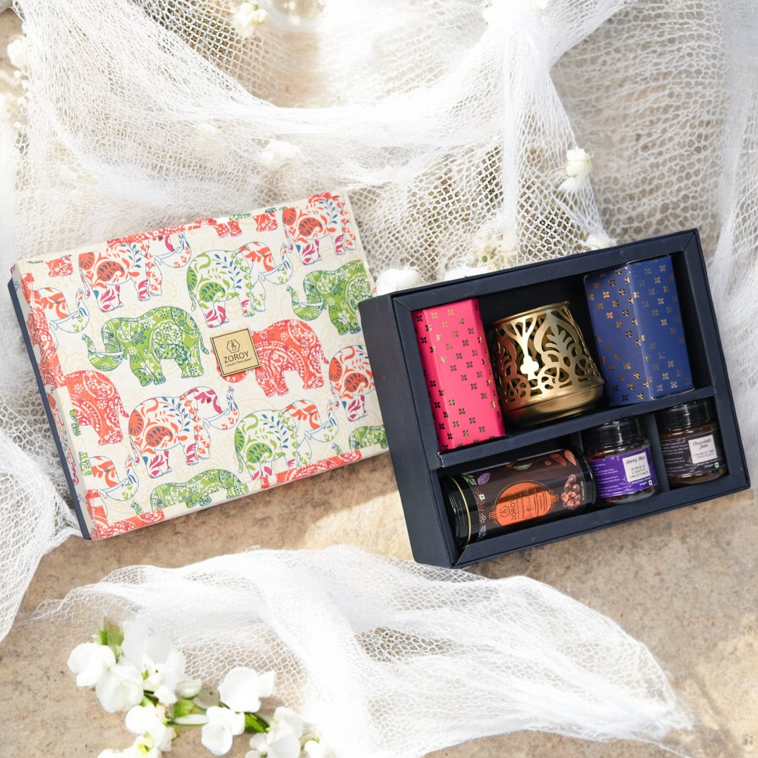 ZOROY Luxury Chocolate Festive Gift Hamper For Diwali Corporate Festive Birthday Weeding Christmas essentials | Dry fruits | Metal T-lite Holder | Green tea | Cacao powder | Chocolate nuts | 100% Veg