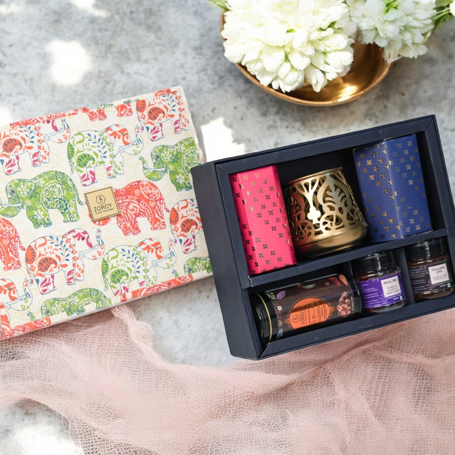 ZOROY Luxury Chocolate Festive Gift Hamper For Diwali Corporate Festive Birthday Weeding Christmas essentials | Dry fruits | Metal T-lite Holder | Green tea | Cacao powder | Chocolate nuts | 100% Veg