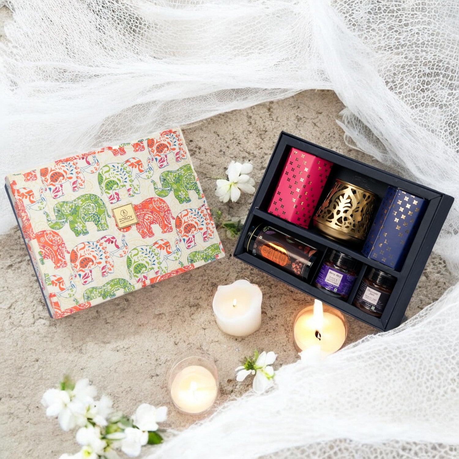 ZOROY Luxury Chocolate Festive Gift Hamper For Diwali Corporate Festive Birthday Weeding Christmas essentials | Dry fruits | Metal T-lite Holder | Green tea | Cacao powder | Chocolate nuts | 100% Veg