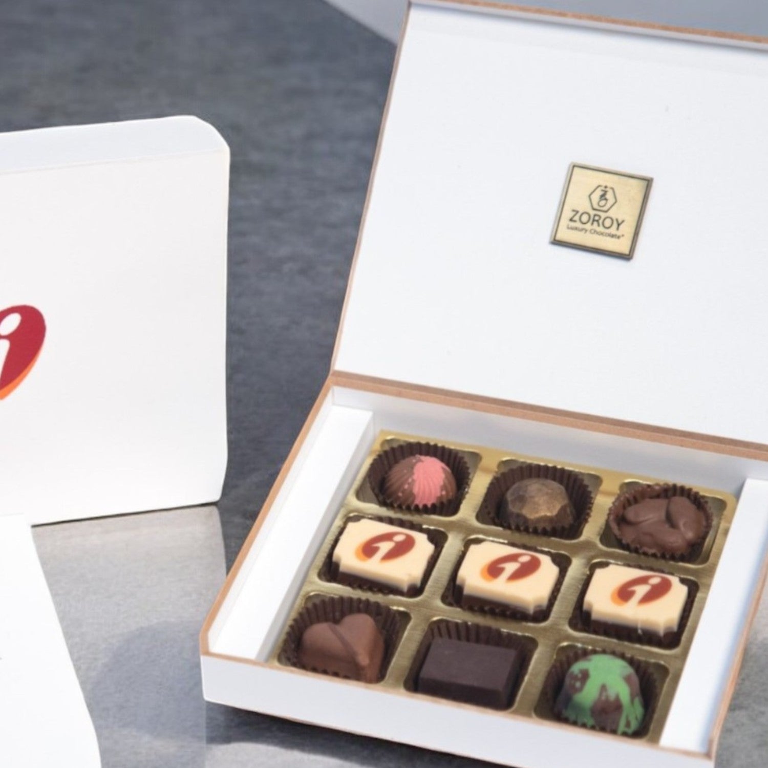 ZOROY Personalised Customised Photo Printed Wooden Chocolate Gift Box of 9 - Corporate Gifts with Company Name, Brand Logo printed on Chocolates and Personalised Message Card