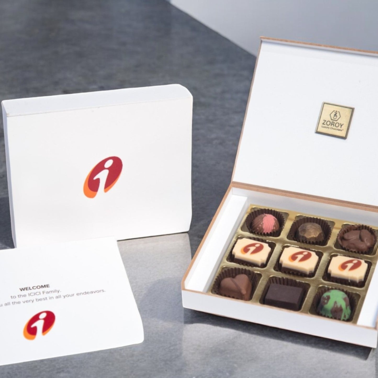 ZOROY Personalised Customised Photo Printed Wooden Chocolate Gift Box of 9 - Corporate Gifts with Company Name, Brand Logo printed on Chocolates and Personalised Message Card