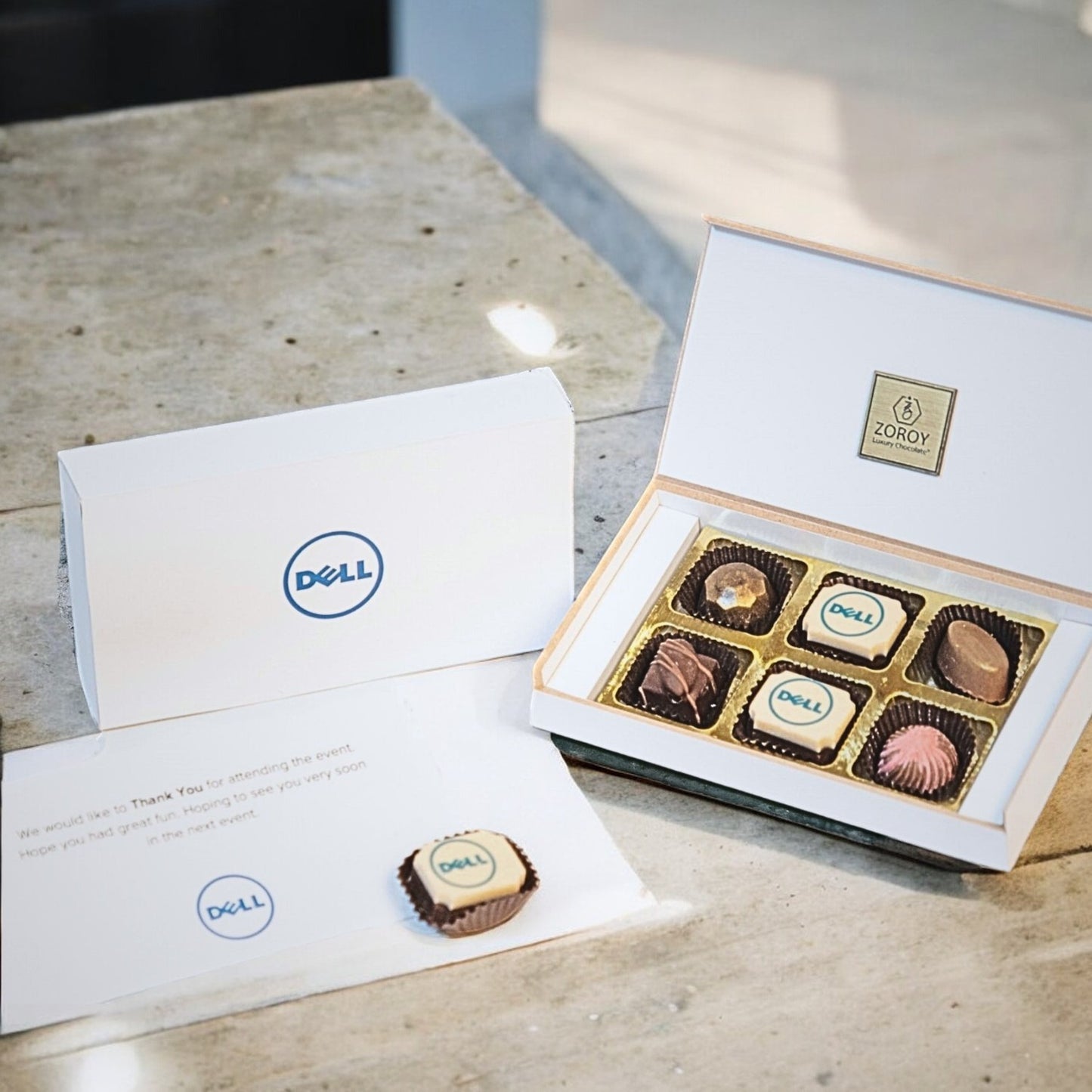 ZOROY Personalised Customised Photo Printed Wooden Chocolate Gift Box of 6 - Corporate Gifts with Company Name, Brand Logo printed on Chocolates and Personalised Message Card