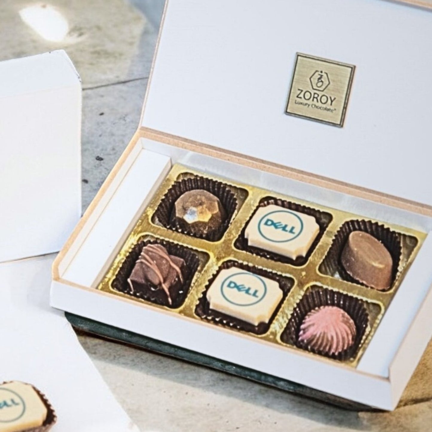 ZOROY Personalised Customised Photo Printed Wooden Chocolate Gift Box of 6 - Corporate Gifts with Company Name, Brand Logo printed on Chocolates and Personalised Message Card