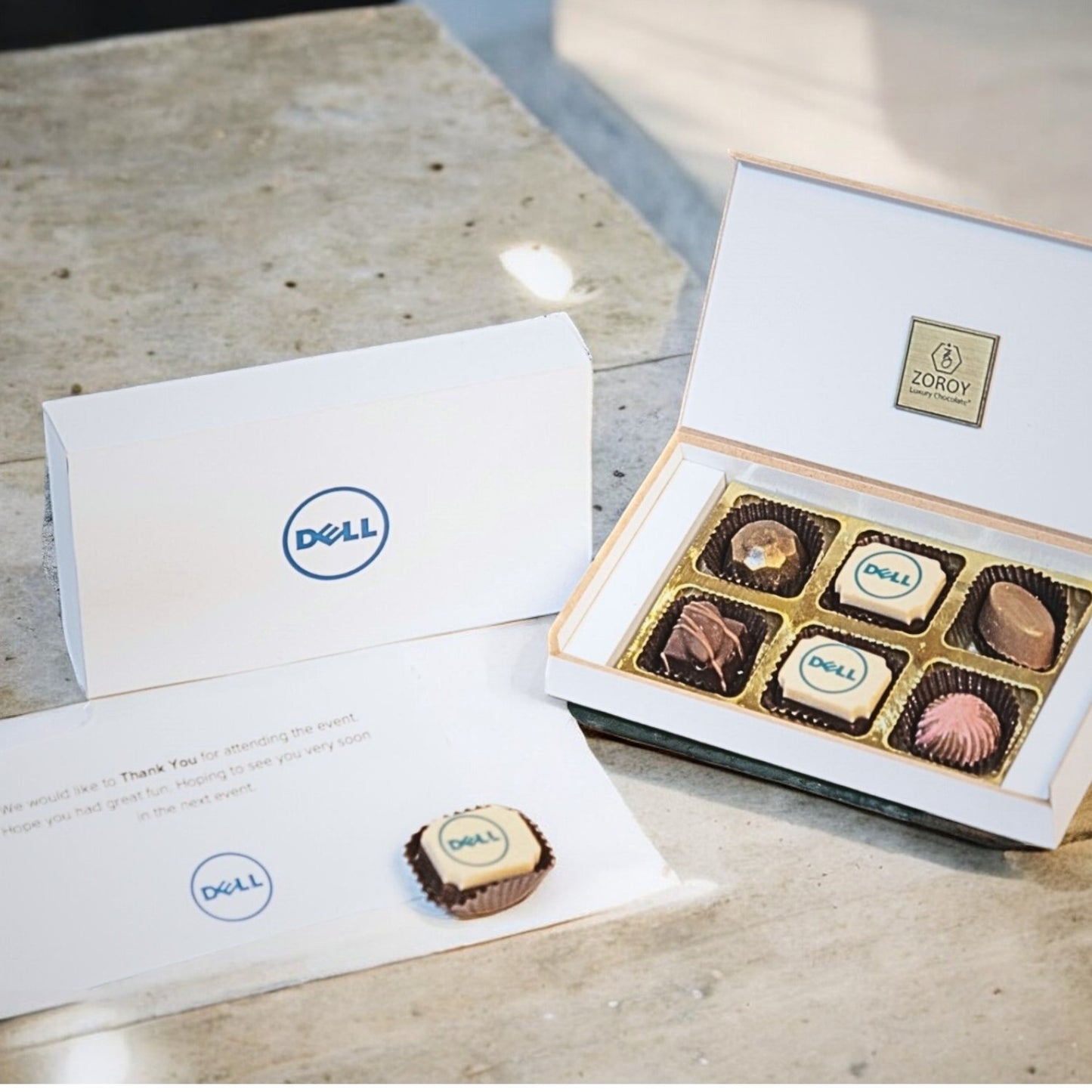 ZOROY Personalised Customised Photo Printed Wooden Chocolate Gift Box of 6 - Corporate Gifts with Company Name, Brand Logo printed on Chocolates and Personalised Message Card