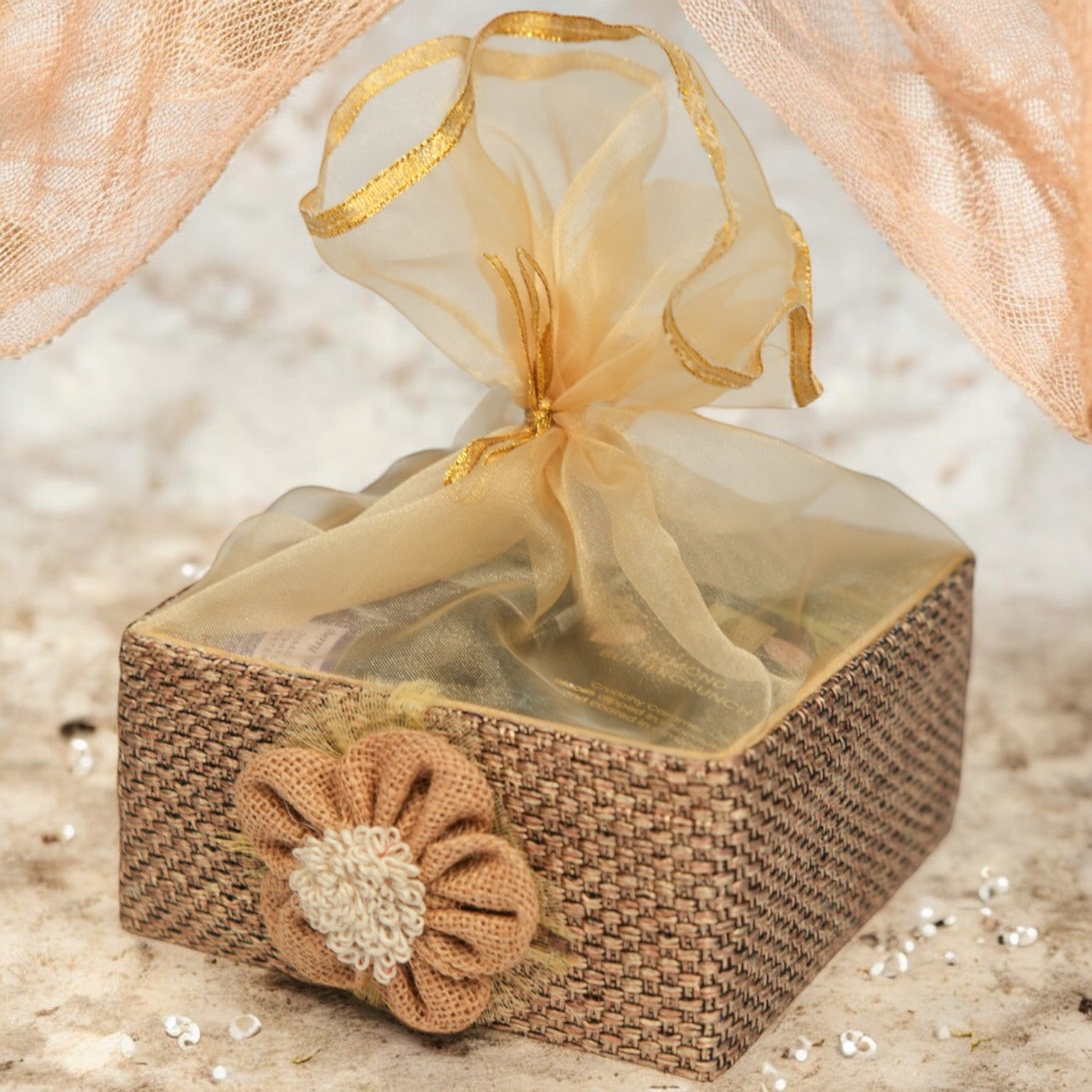 ZOROY Jute Essential Hamper – Stylish Resuable Jute Gift Basket containing Chocolates , 2 Ceramic Diyas, Handcrafted Cookies, Assorted Chocolates,  Californian Almonds – Ideal Gift Set for Special Occasions, Diwali Gifting