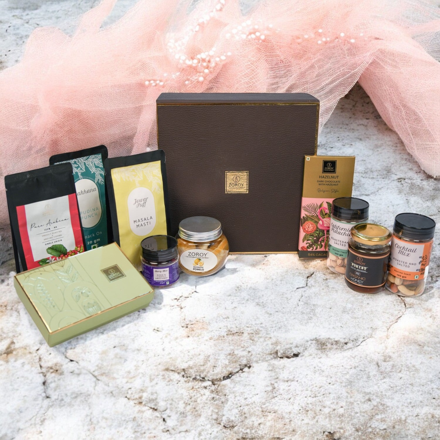 ZOROY Elegant Treats Hamper - Stylish Box with Arabica Coffee 75g, 2 Snack Packs, Assorted Chocolates, Berries and Dry Fruits 325g, Organic Honey 175g- Ideal Festive Diwali gift for the Family Corporates