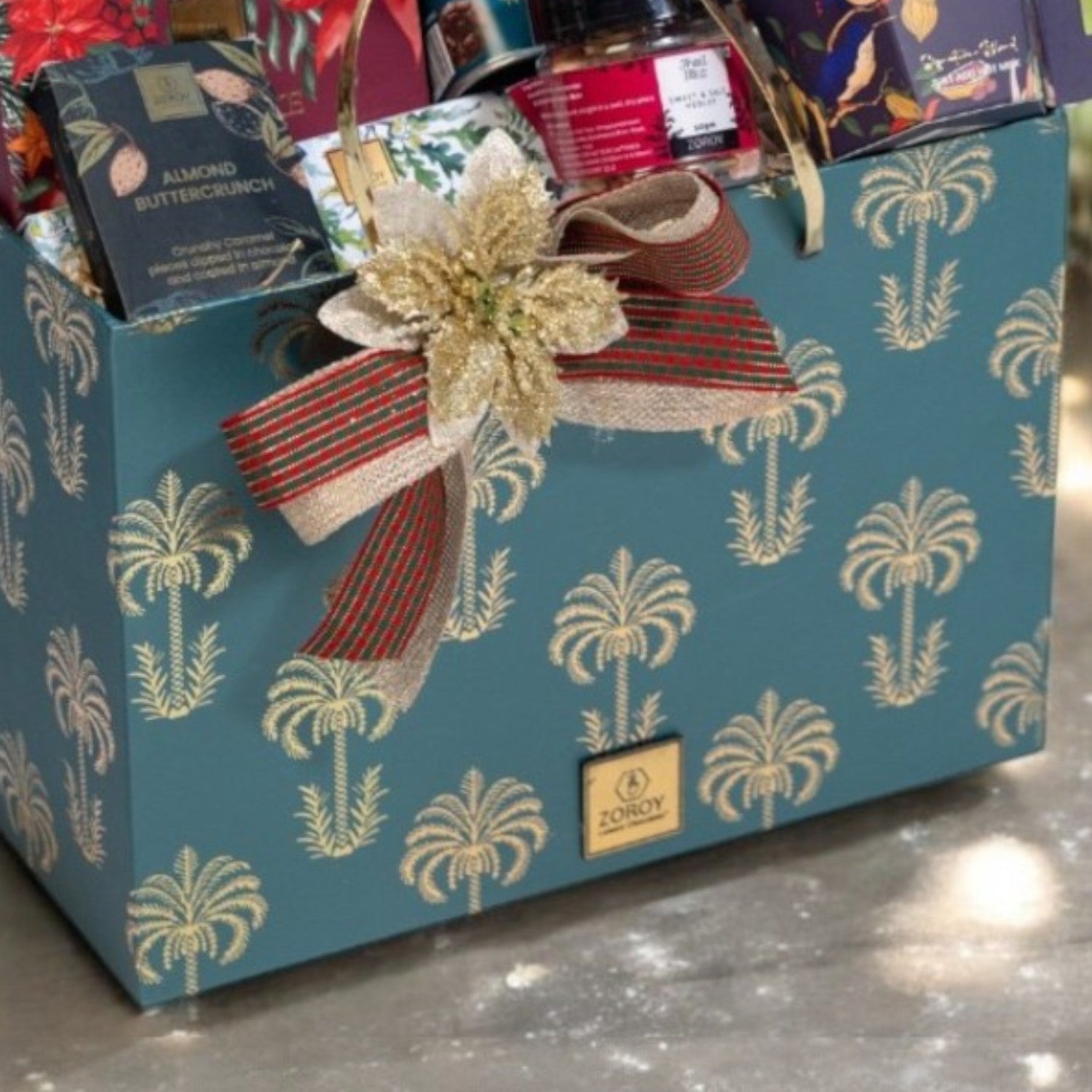 ZOROY SEASONAL PALM BASKET | Eggless Rich plum cake | candy canes | trail mix |cookies |assorted chocolatees | Hot chocolate Premix | Ideal for Holiday Christmas New Year and Corporate Gifts