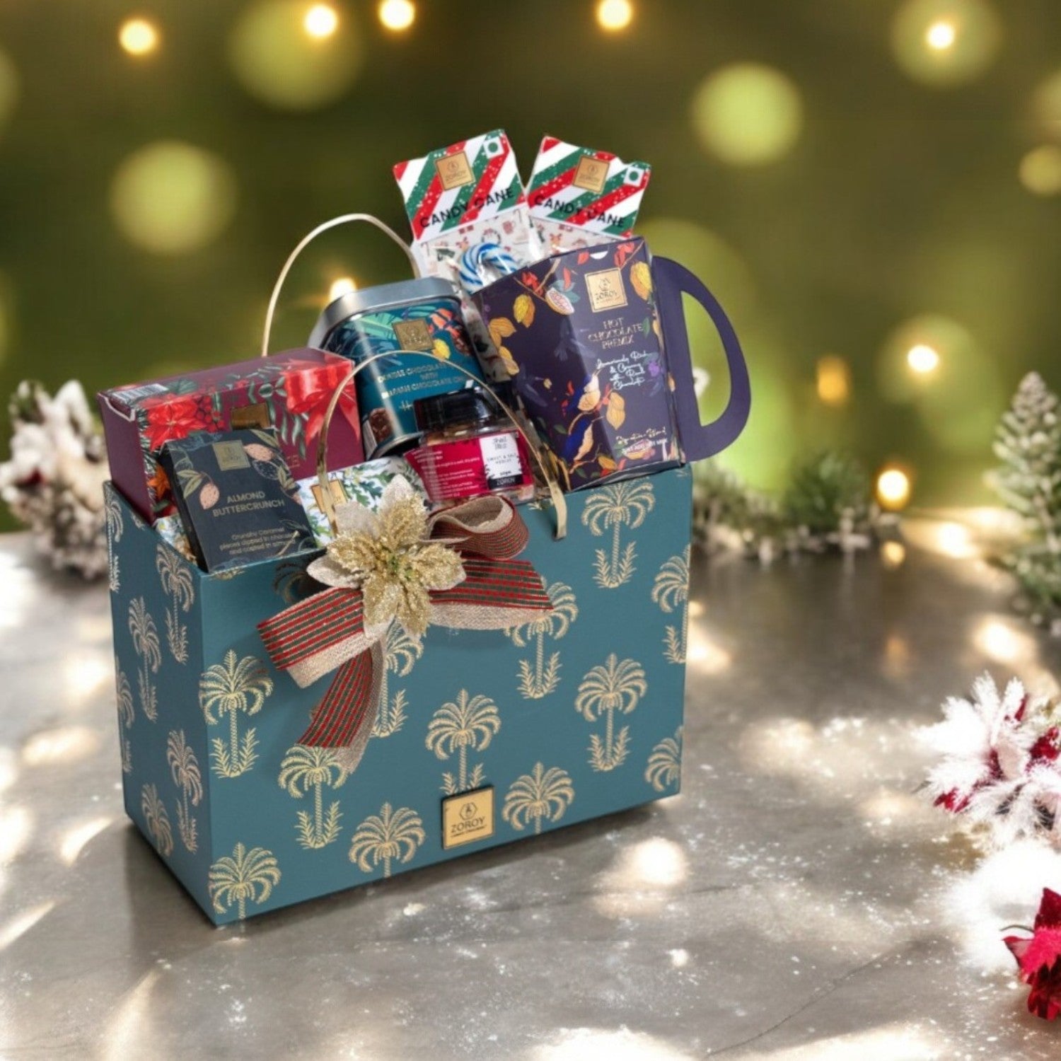 ZOROY SEASONAL PALM BASKET | Eggless Rich plum cake | candy canes | trail mix |cookies |assorted chocolatees | Hot chocolate Premix | Ideal for Holiday Christmas New Year and Corporate Gifts