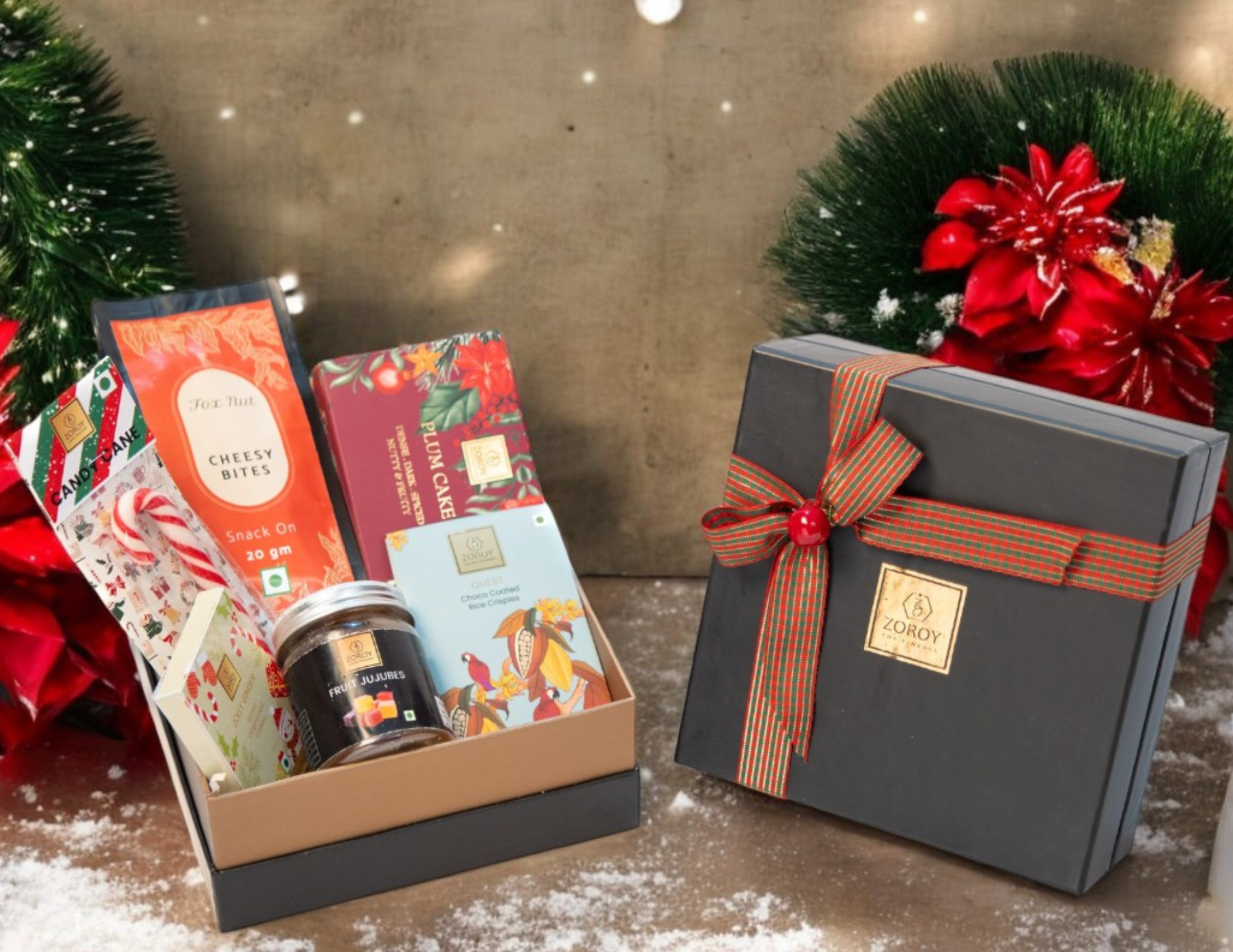ZOROY SEASONAL PREMIUM BOX HAMPER |Rich eggless plum cake | candy cane | snack pack |veg jujubes| gingerbread cookies | chocolates | Ideal for Holiday Christmas New Year and Corporate Gifts