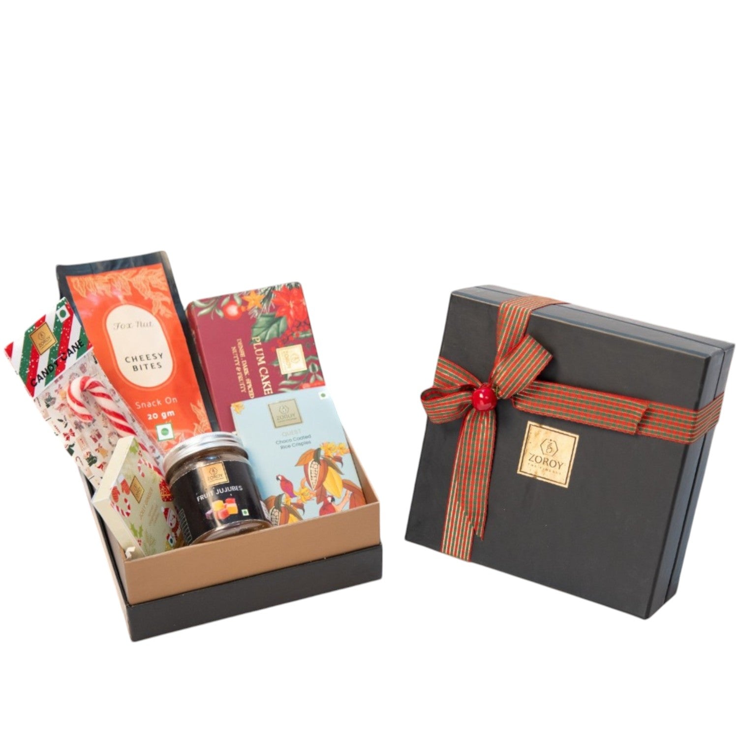 ZOROY SEASONAL PREMIUM BOX HAMPER |Rich eggless plum cake | candy cane | snack pack |veg jujubes| gingerbread cookies | chocolates | Ideal for Holiday Christmas New Year and Corporate Gifts