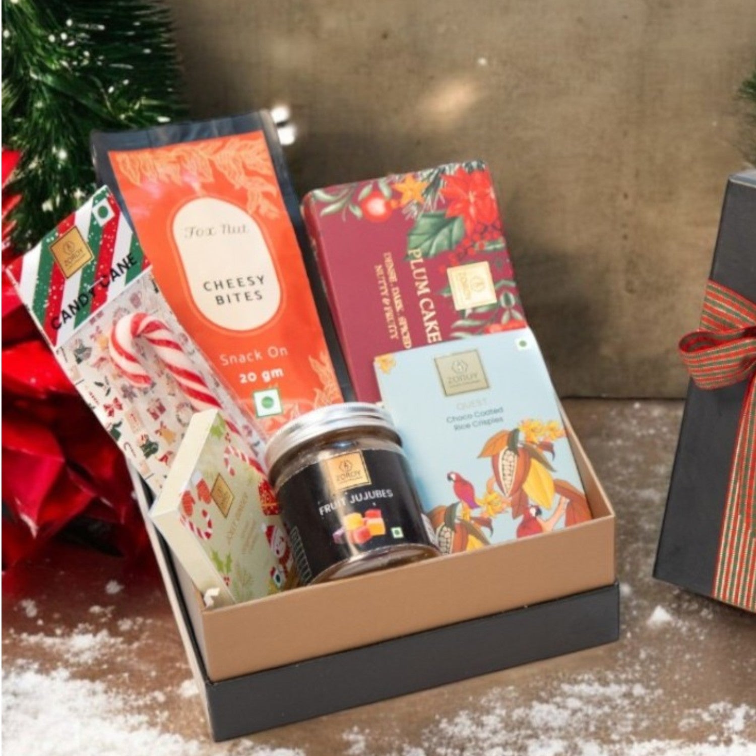 ZOROY SEASONAL PREMIUM BOX HAMPER |Rich eggless plum cake | candy cane | snack pack |veg jujubes| gingerbread cookies | chocolates | Ideal for Holiday Christmas New Year and Corporate Gifts