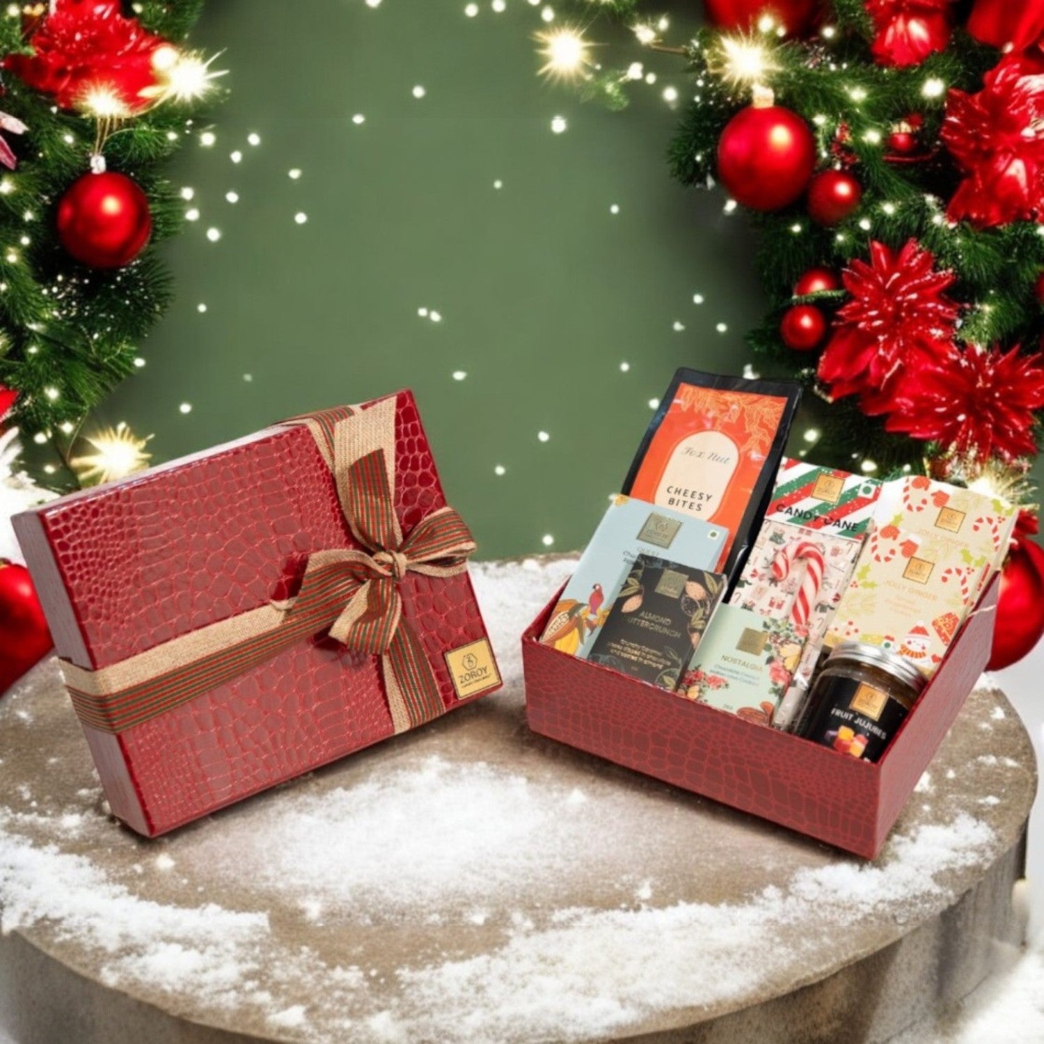 ZOROY SEASONAL LEATHER FEEL CONTEMPORARY HAMPER | candy cane | Snack pack | veg jujubes | gingerbread cookies | assorted chocolates | Ideal for Holiday Christmas New Year and Corporate Gifts