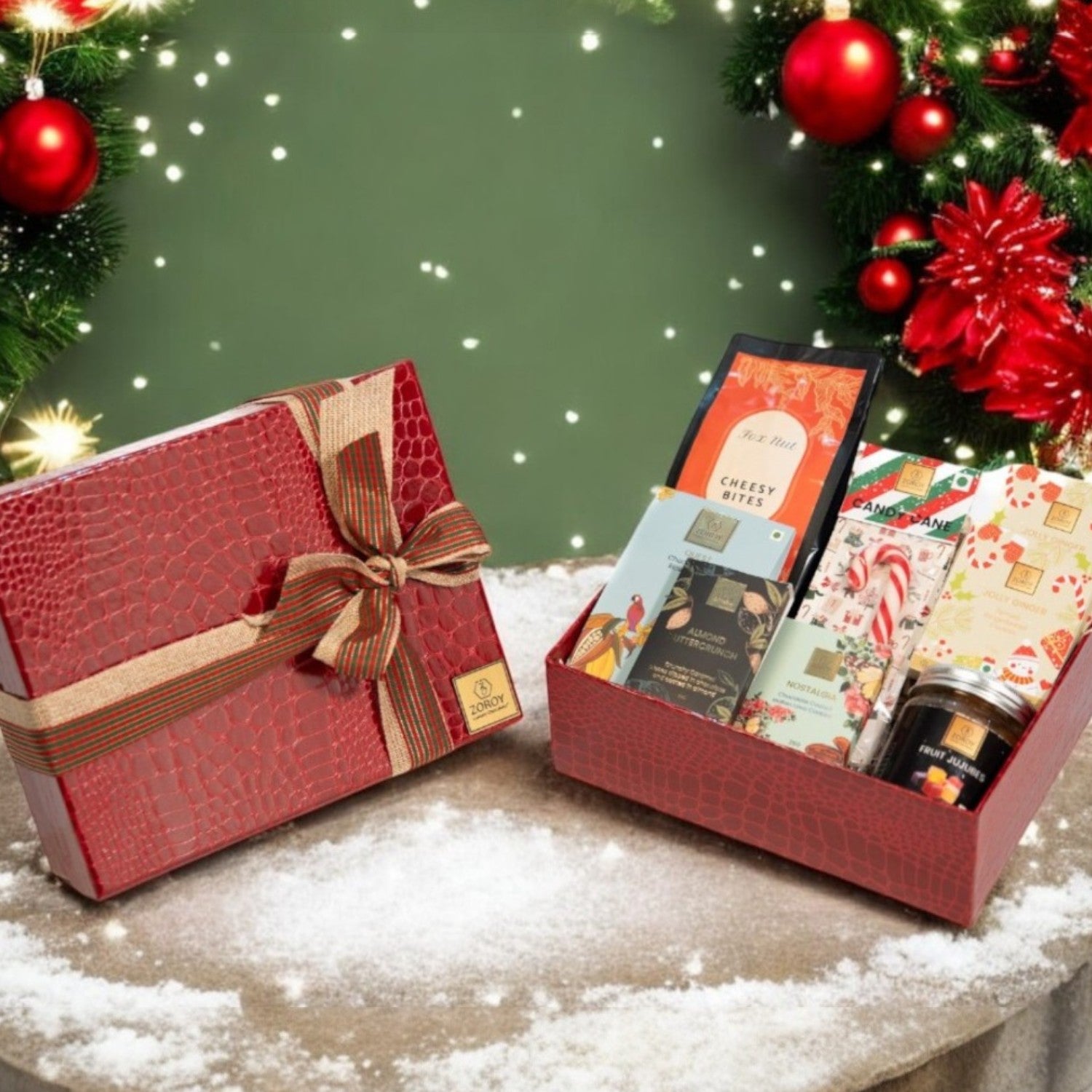 ZOROY SEASONAL LEATHER FEEL CONTEMPORARY HAMPER | candy cane | Snack pack | veg jujubes | gingerbread cookies | assorted chocolates | Ideal for Holiday Christmas New Year and Corporate Gifts