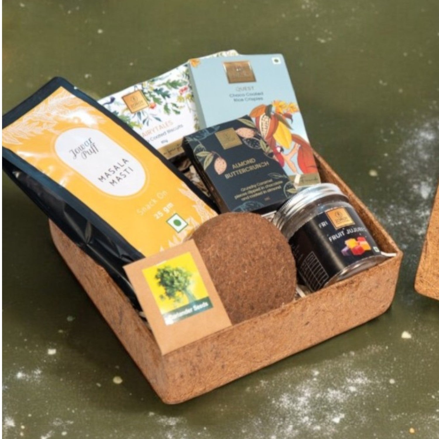 ZOROY EVERGREEN PLANTER HAMPER |eco friendly reusable planter box with seeds |gourmet snack |biscuits | assorted chocolates | veg jujubes | Ideal for Holiday Christmas New Year and Corporate Gifts