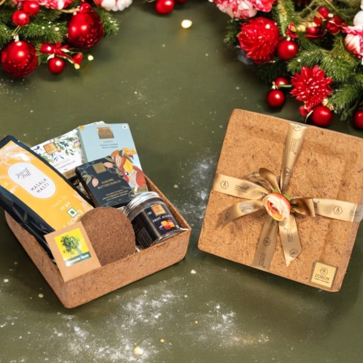 ZOROY EVERGREEN PLANTER HAMPER |eco friendly reusable planter box with seeds |gourmet snack |biscuits | assorted chocolates | veg jujubes | Ideal for Holiday Christmas New Year and Corporate Gifts