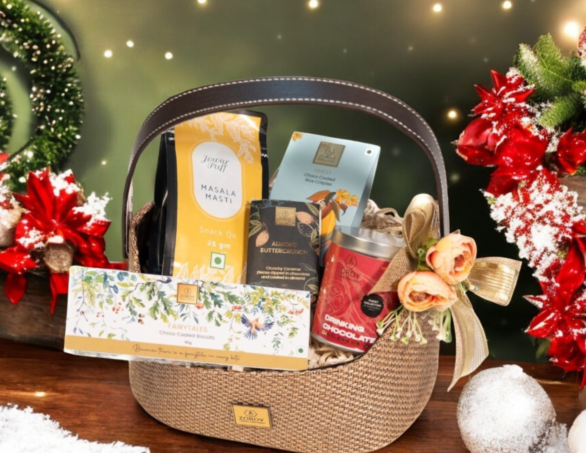 ZOROY EVERGREEN  FINE HAMPER BASKET | savoury snack | assorted chocolate packs | drinking chocolate tin | Ideal for Holiday Christmas New Year and Corporate Gifts | everyday Gift