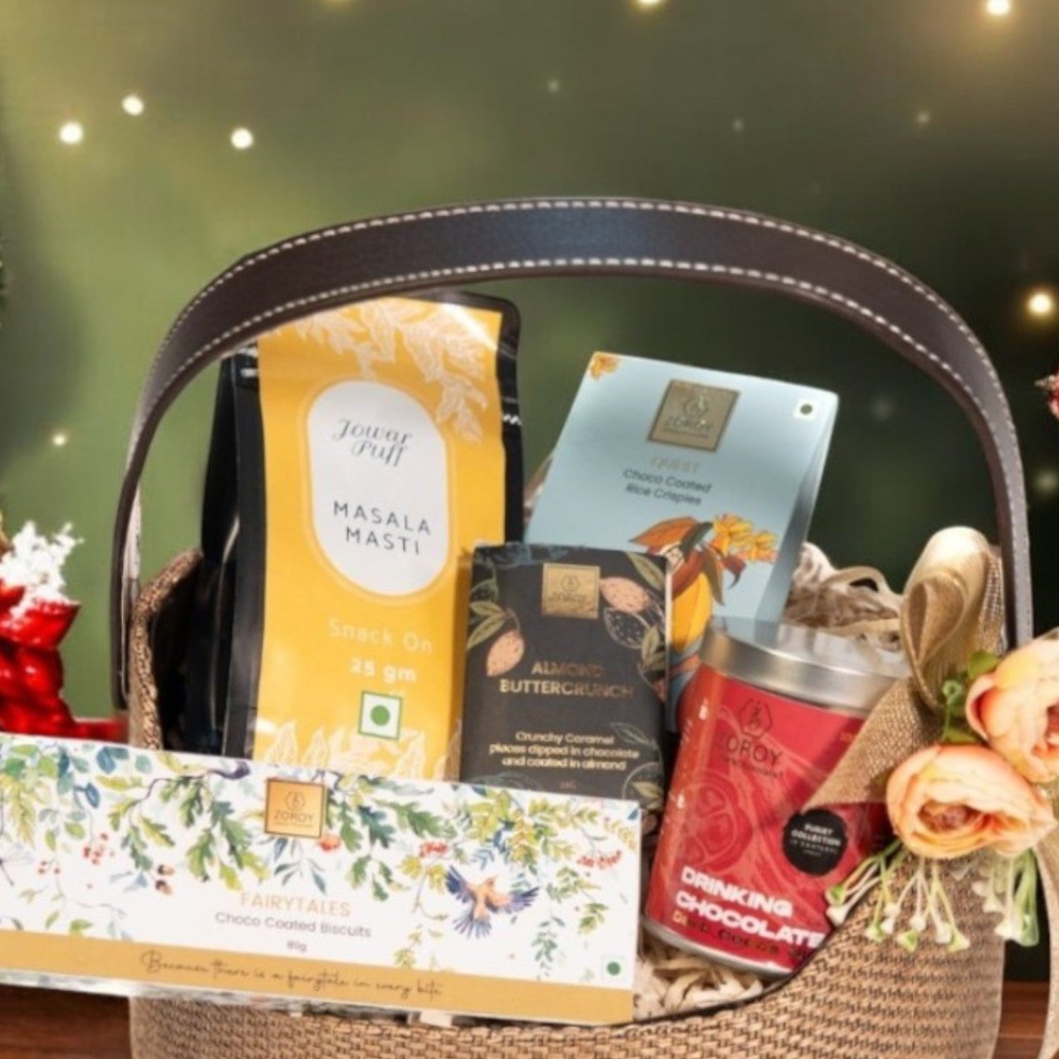 ZOROY EVERGREEN  FINE HAMPER BASKET | savoury snack | assorted chocolate packs | drinking chocolate tin | Ideal for Holiday Christmas New Year and Corporate Gifts | everyday Gift