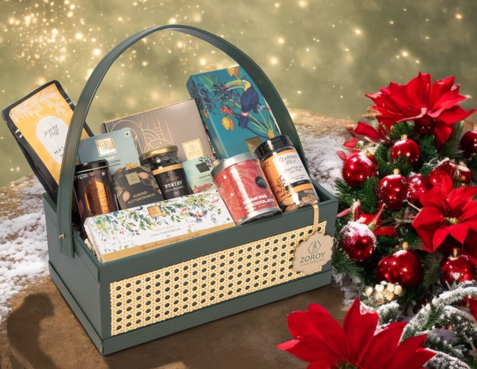 ZOROY EVERGREEN LUXE LEATHER FEEL BASKET | belgian chocolate | gourmet snacks| nuts | organic honey |pralines | biscuits & cookies | Ideal for Holiday Christmas New Year and Corporate Gifts