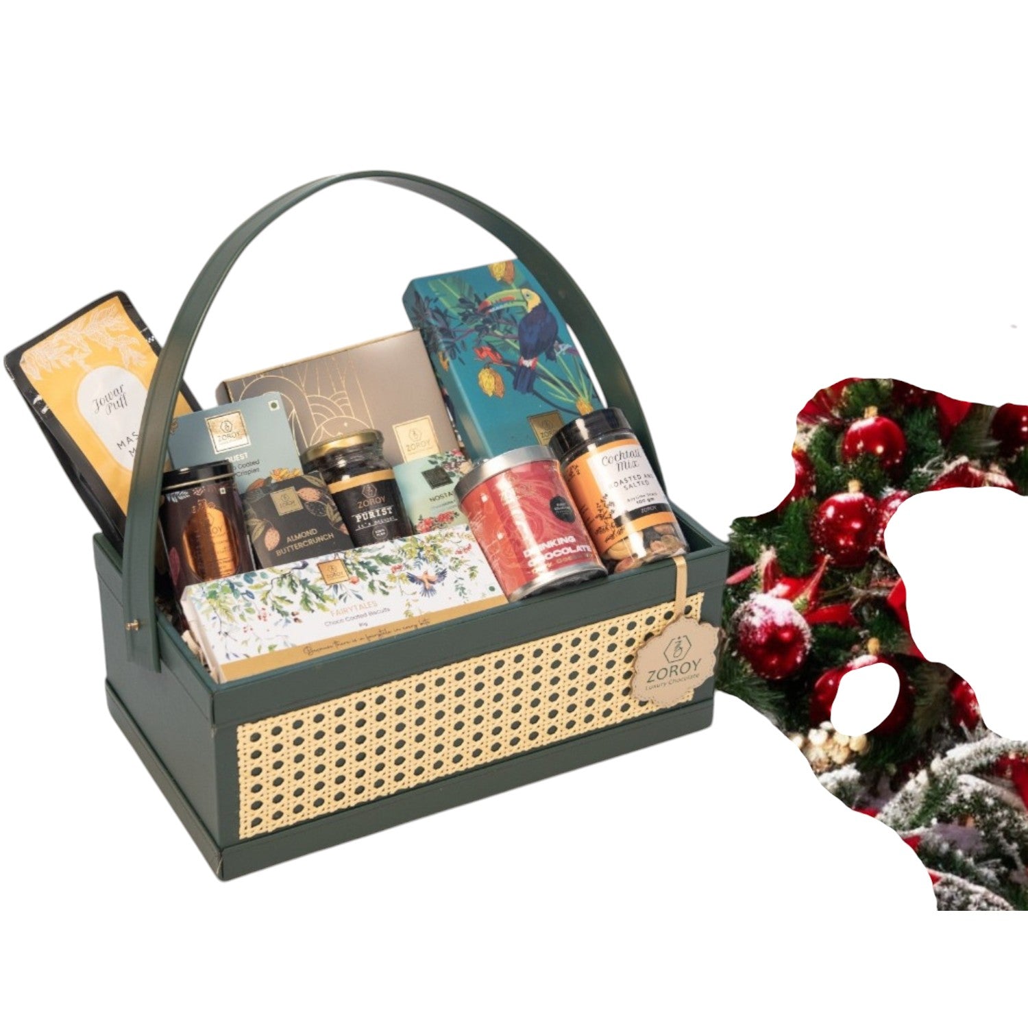ZOROY EVERGREEN LUXE LEATHER FEEL BASKET | belgian chocolate | gourmet snacks| nuts | organic honey |pralines | biscuits & cookies | Ideal for Holiday Christmas New Year and Corporate Gifts