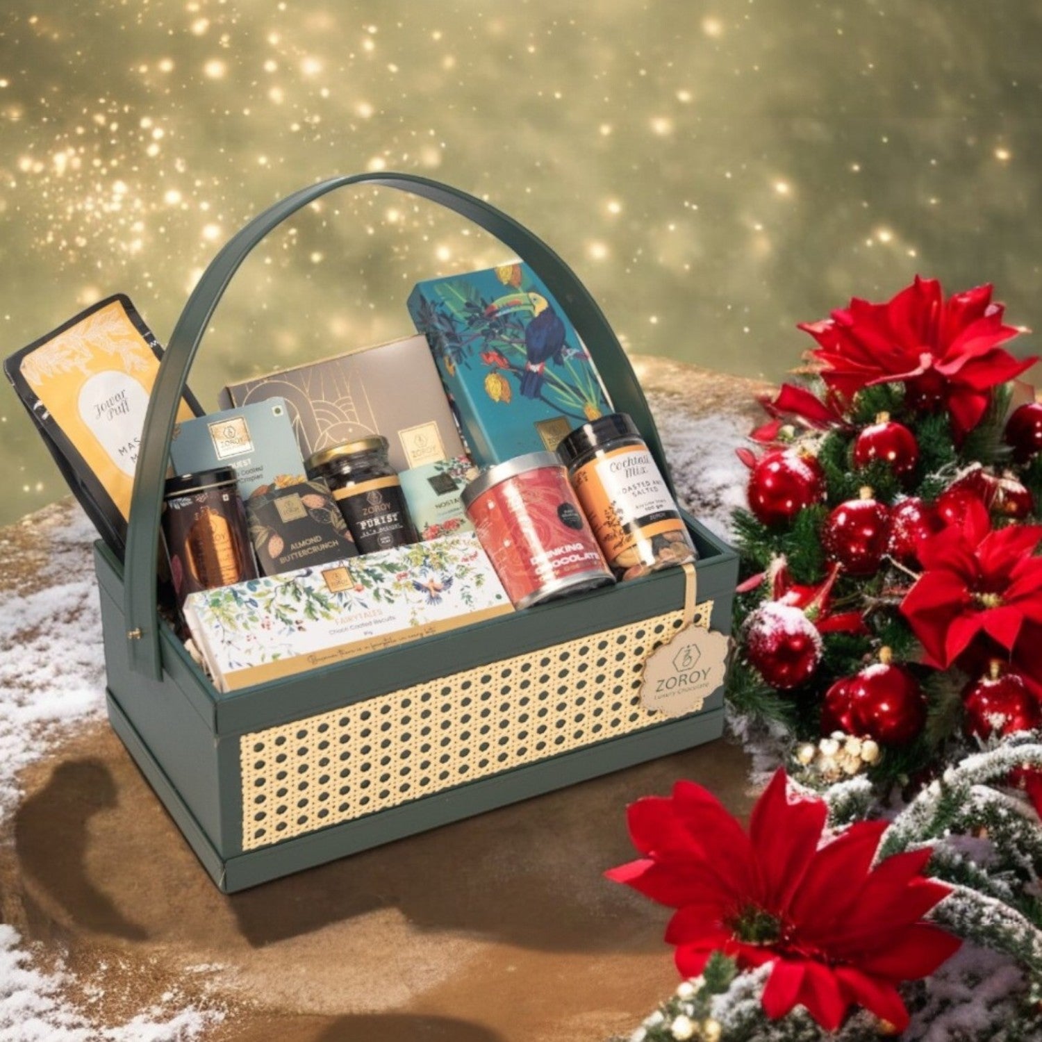 ZOROY EVERGREEN LUXE LEATHER FEEL BASKET | belgian chocolate | gourmet snacks| nuts | organic honey |pralines | biscuits & cookies | Ideal for Holiday Christmas New Year and Corporate Gifts