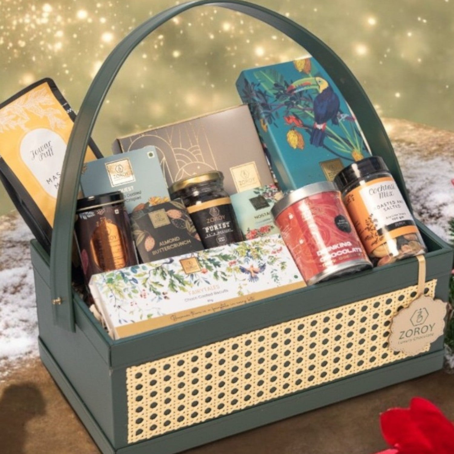 ZOROY EVERGREEN LUXE LEATHER FEEL BASKET | belgian chocolate | gourmet snacks| nuts | organic honey |pralines | biscuits & cookies | Ideal for Holiday Christmas New Year and Corporate Gifts