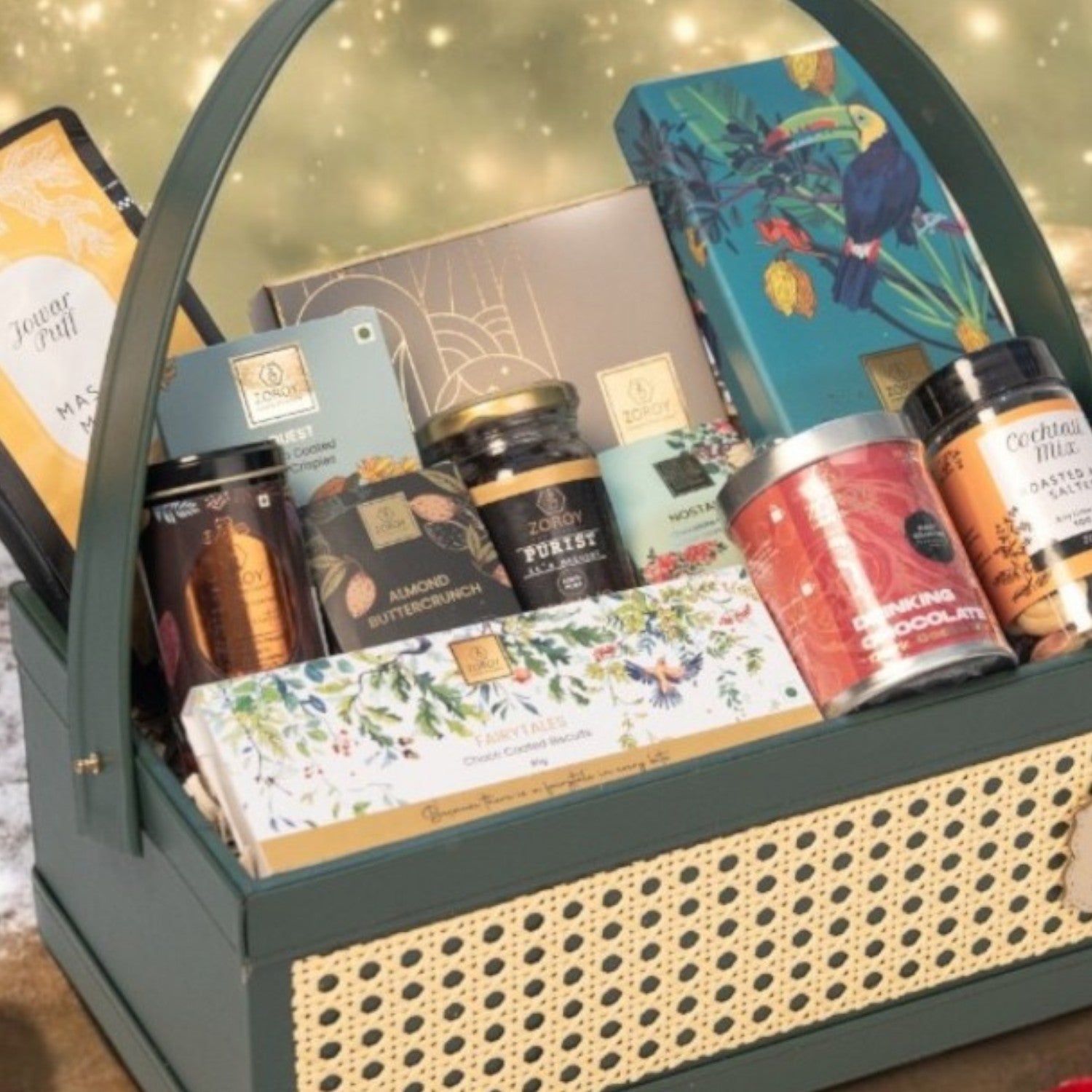 ZOROY EVERGREEN LUXE LEATHER FEEL BASKET | belgian chocolate | gourmet snacks| nuts | organic honey |pralines | biscuits & cookies | Ideal for Holiday Christmas New Year and Corporate Gifts