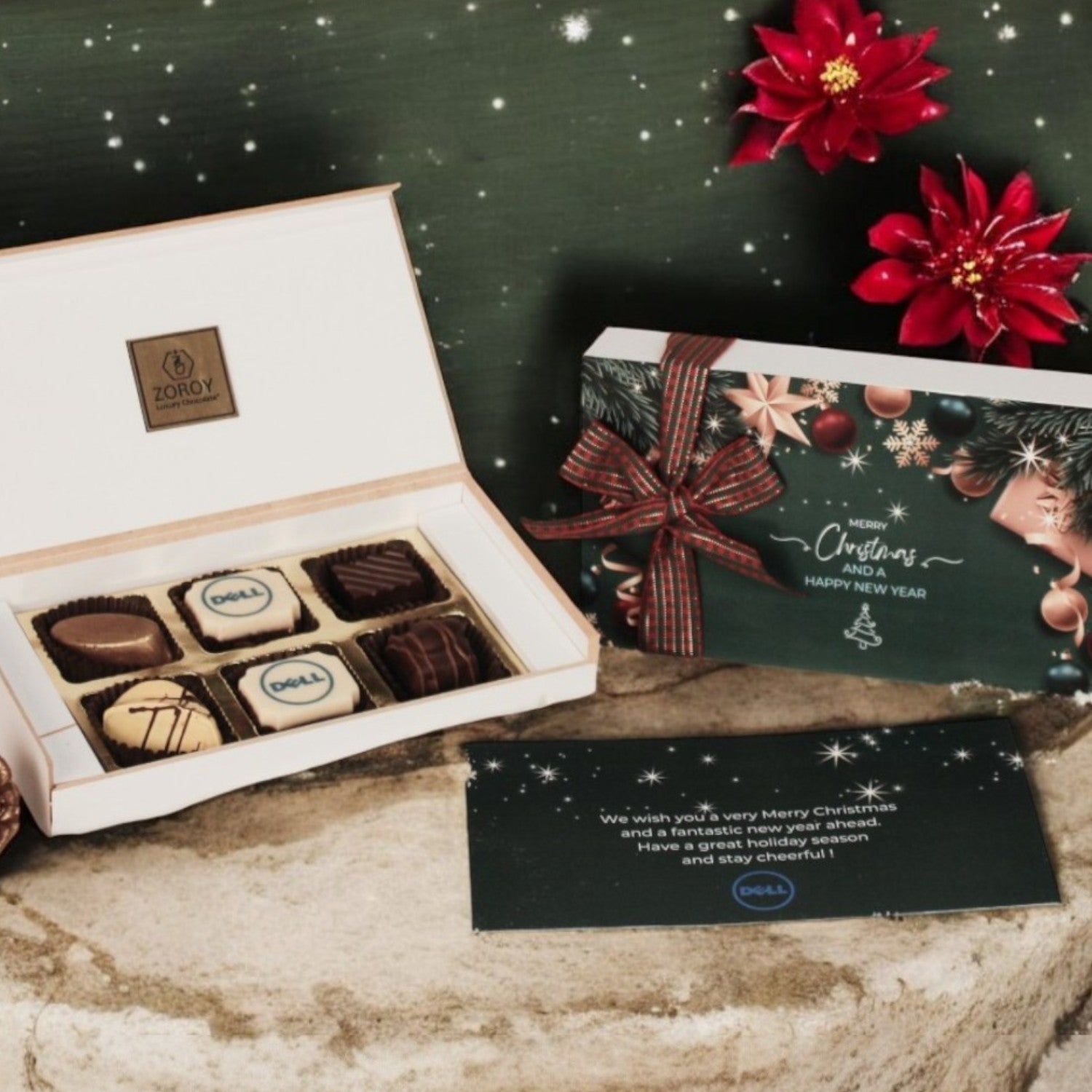 ZOROY Personalised Customised Photo Printed Wooden Chocolate Gift Box of 6 - Christmas Gift and New Year with Company Name, Brand Logo printed on Chocolates and Personalised Message Card