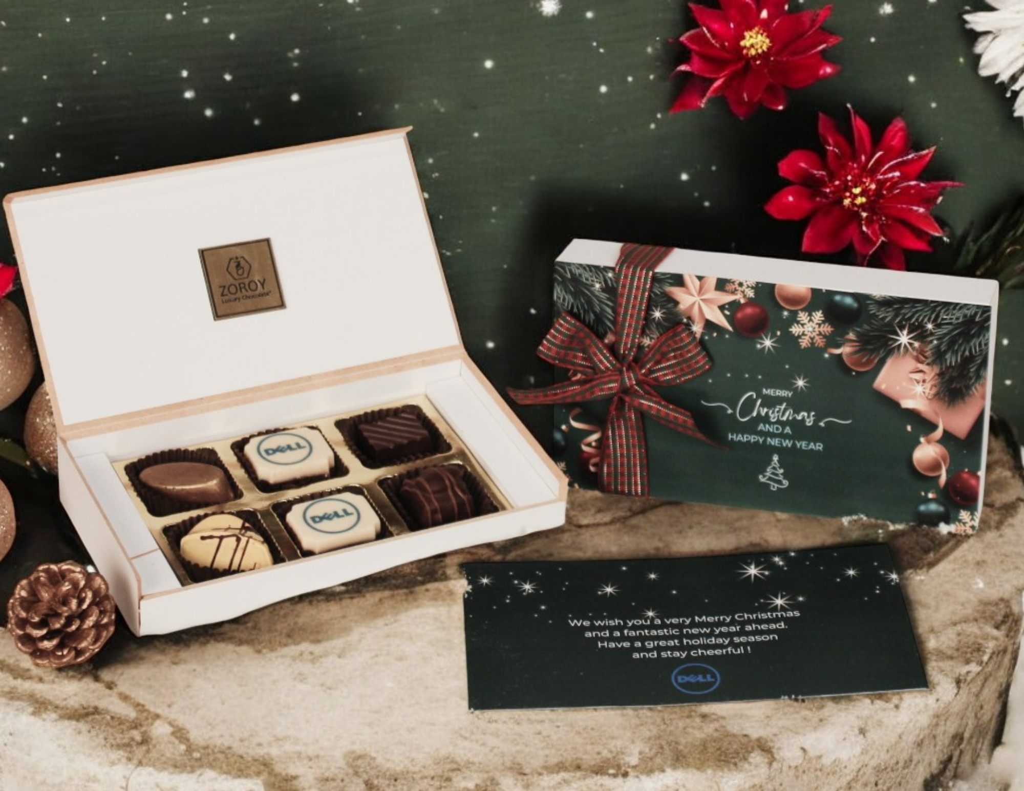 ZOROY Personalised Customised Photo Printed Wooden Chocolate Gift Box of 6 - Christmas Gift and New Year with Company Name, Brand Logo printed on Chocolates and Personalised Message Card