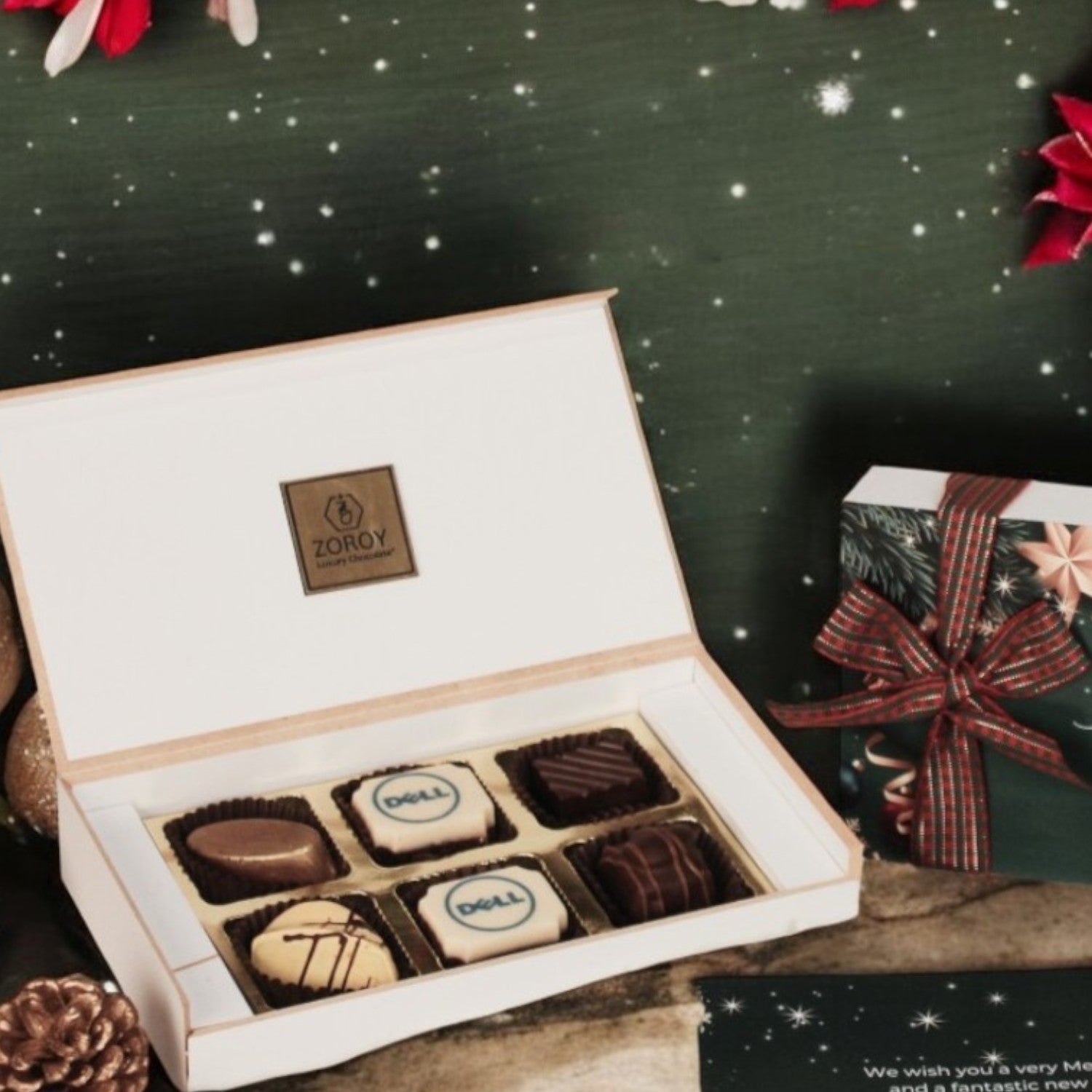 ZOROY Personalised Customised Photo Printed Wooden Chocolate Gift Box of 6 - Christmas Gift and New Year with Company Name, Brand Logo printed on Chocolates and Personalised Message Card