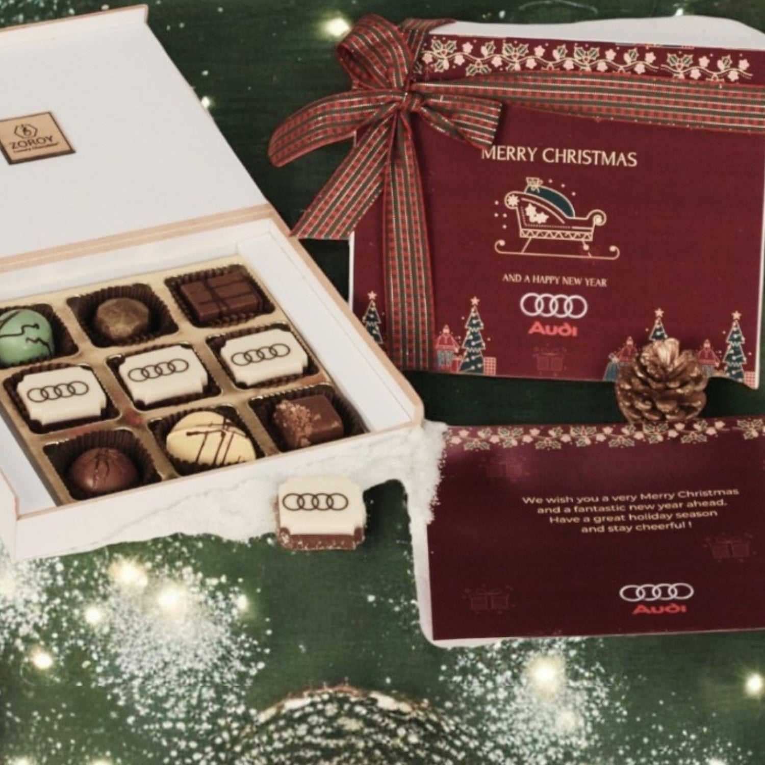 ZOROY Personalised Customised Photo Printed Wooden Chocolate Gift Box of 9 - Christmas Gift and New Year with Company Name, Brand Logo printed on Chocolates and Personalised Message Card