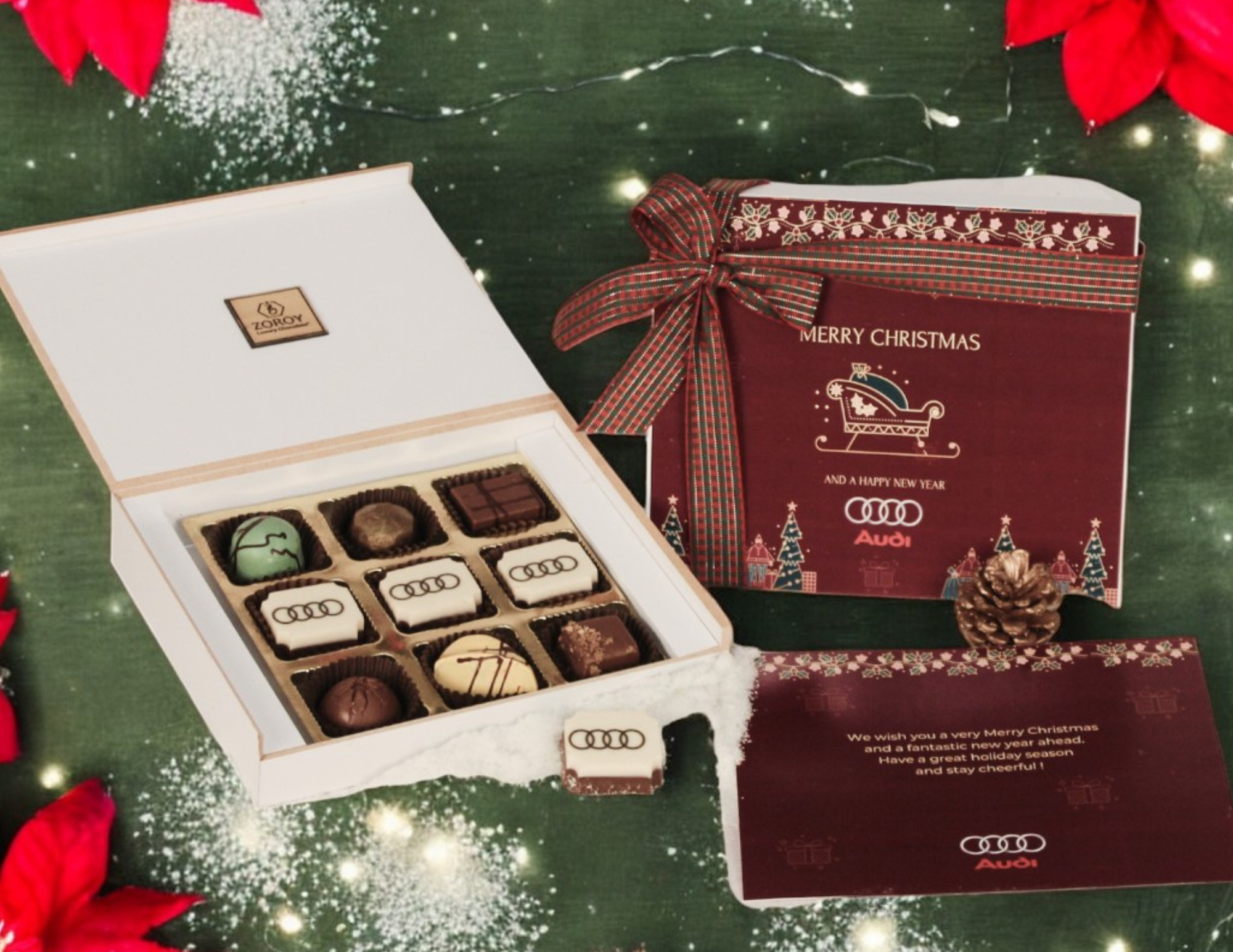 ZOROY Personalised Customised Photo Printed Wooden Chocolate Gift Box of 9 - Christmas Gift and New Year with Company Name, Brand Logo printed on Chocolates and Personalised Message Card