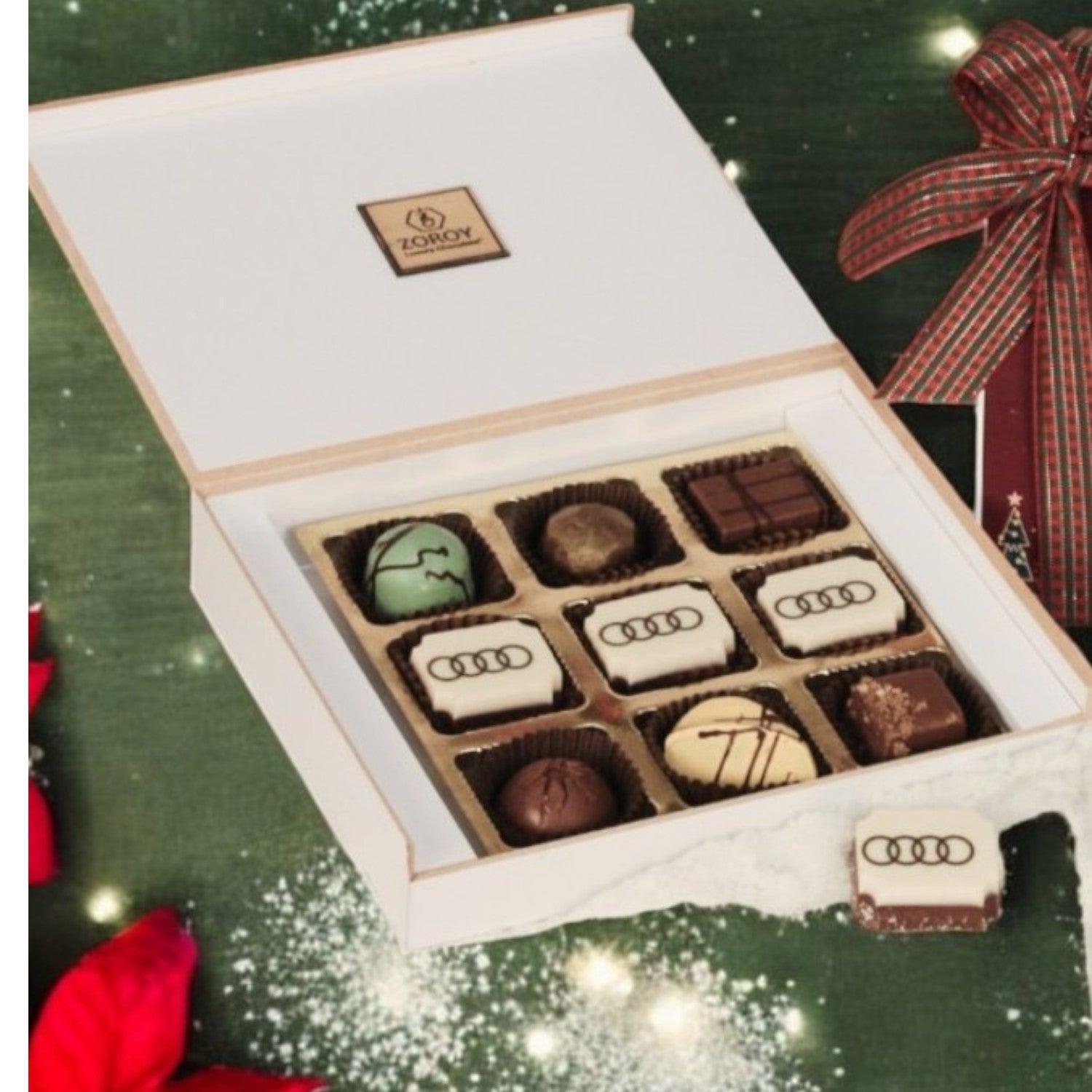 ZOROY Personalised Customised Photo Printed Wooden Chocolate Gift Box of 9 - Christmas Gift and New Year with Company Name, Brand Logo printed on Chocolates and Personalised Message Card