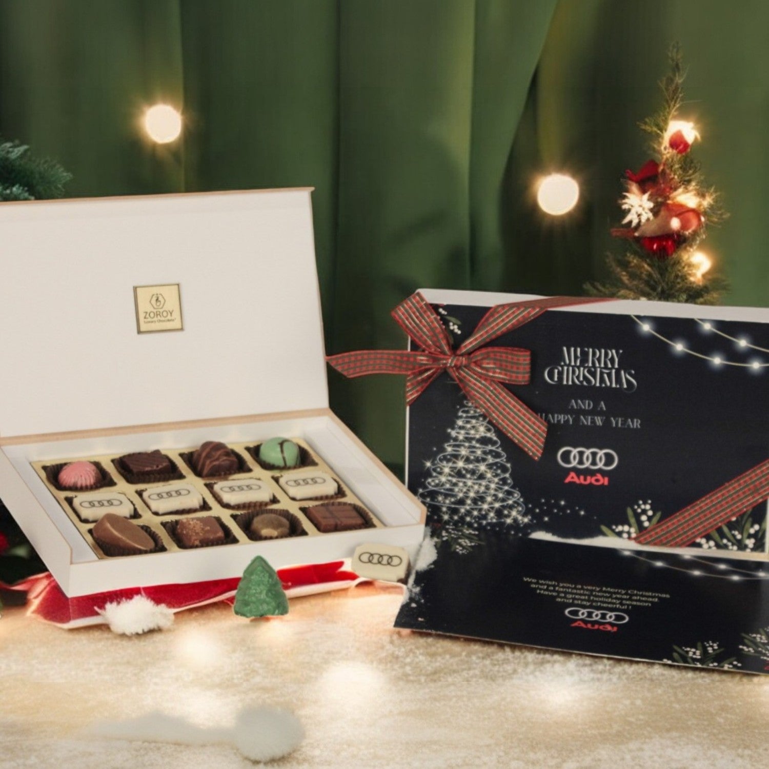 ZOROY Personalised Customised Photo Printed Wooden Chocolate Gift Box of 12 - Christmas Gift and New Year with Company Name, Brand Logo printed on Chocolates and Personalised Message Card