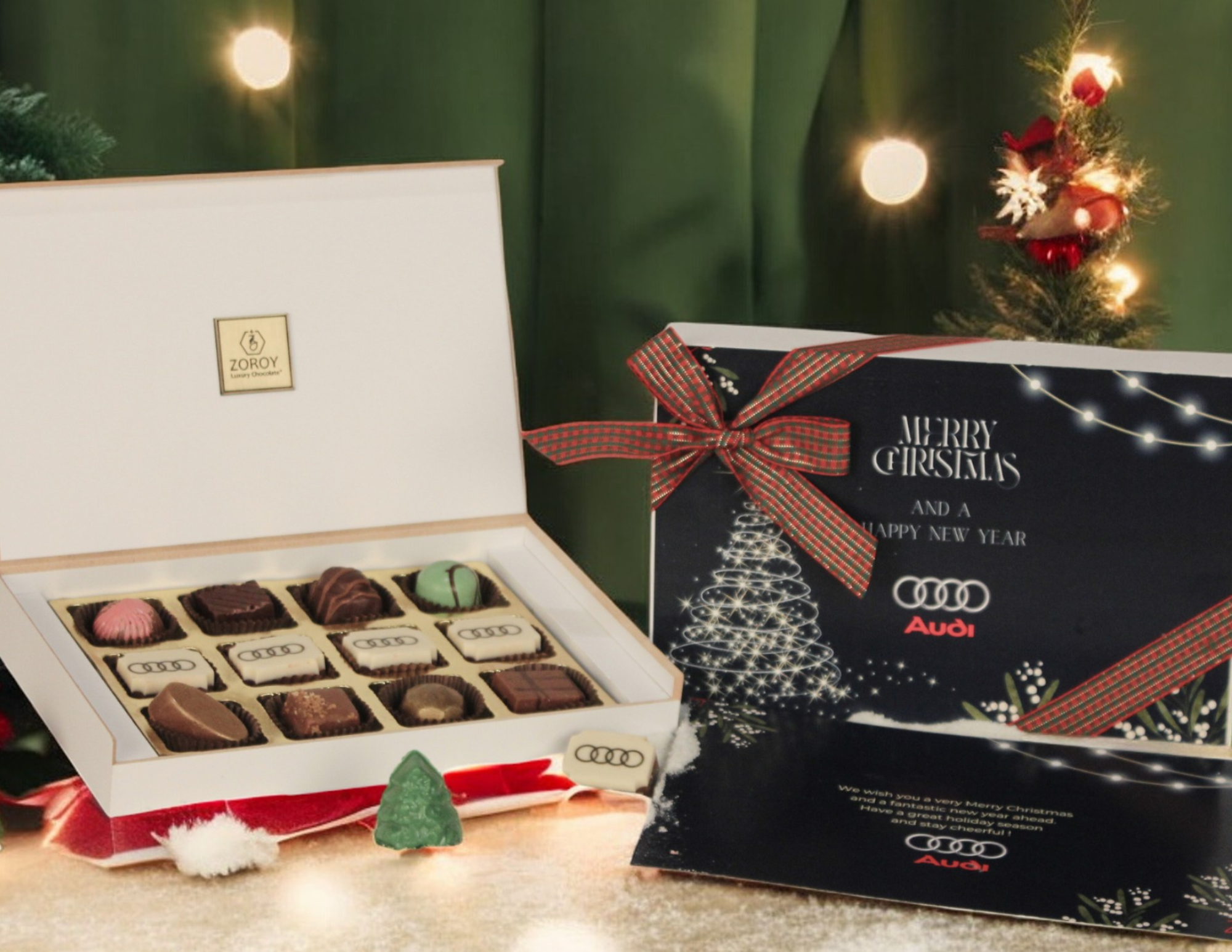 ZOROY Personalised Customised Photo Printed Wooden Chocolate Gift Box of 12 - Christmas Gift and New Year with Company Name, Brand Logo printed on Chocolates and Personalised Message Card