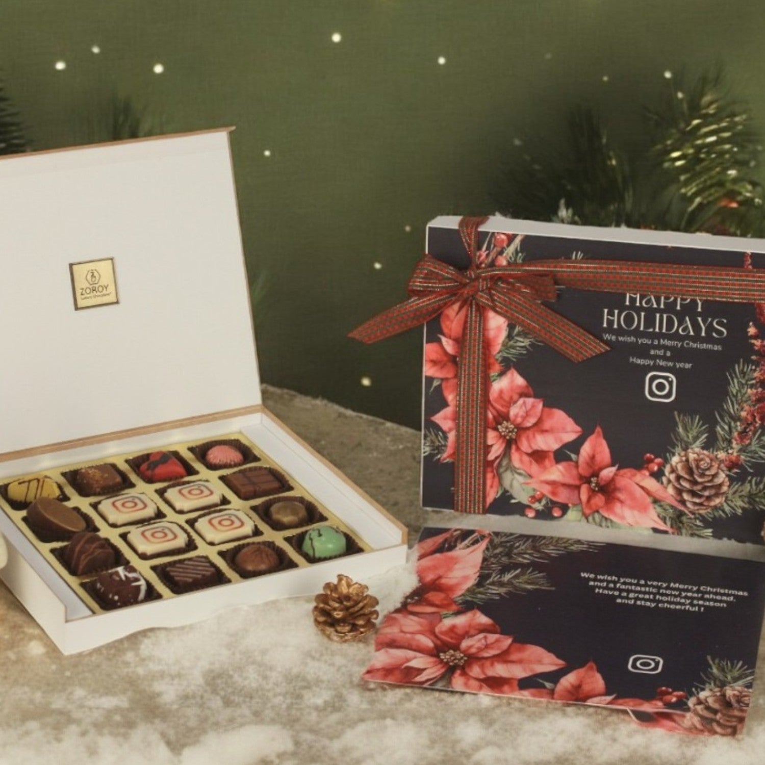 ZOROY Personalised Customised Photo Printed Wooden Chocolate Gift Box of 16 - Christmas Gift and New Year with Company Name, Brand Logo printed on Chocolates and Personalised Message Card