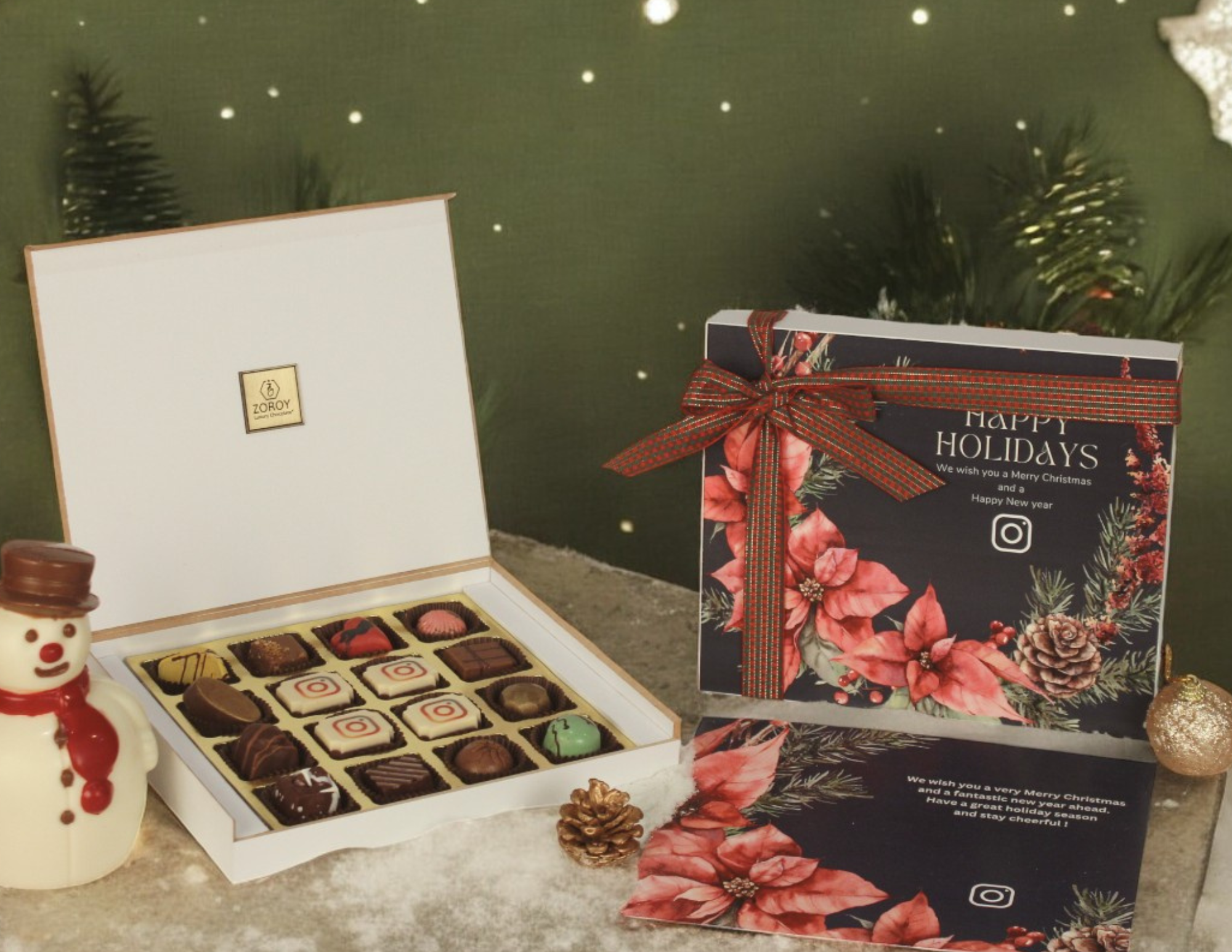 ZOROY Personalised Customised Photo Printed Wooden Chocolate Gift Box of 16 - Christmas Gift and New Year with Company Name, Brand Logo printed on Chocolates and Personalised Message Card