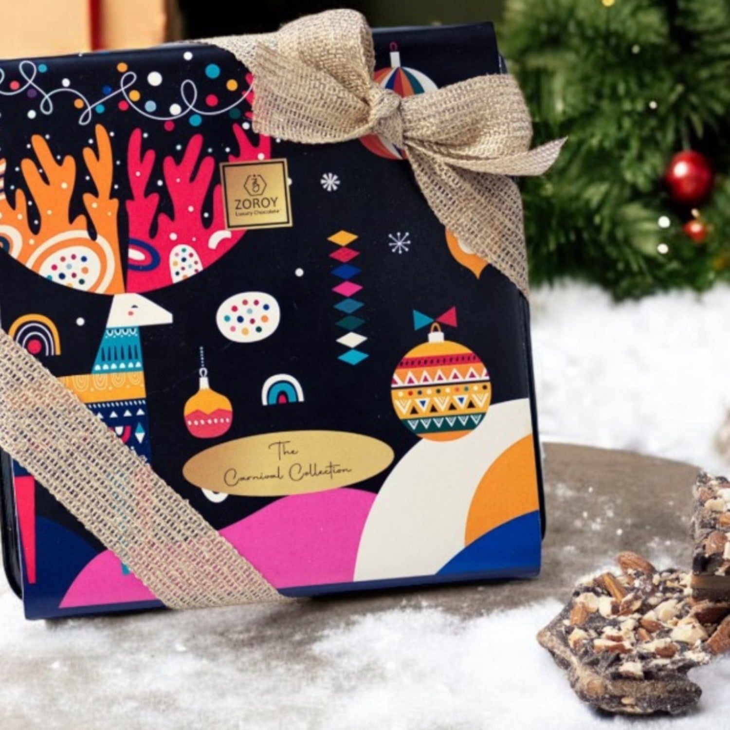 ZOROY Christmas Message Almond Buttercrunch Tin (crisp caramelized center coated with dark chocolates & almonds) - 150 gms