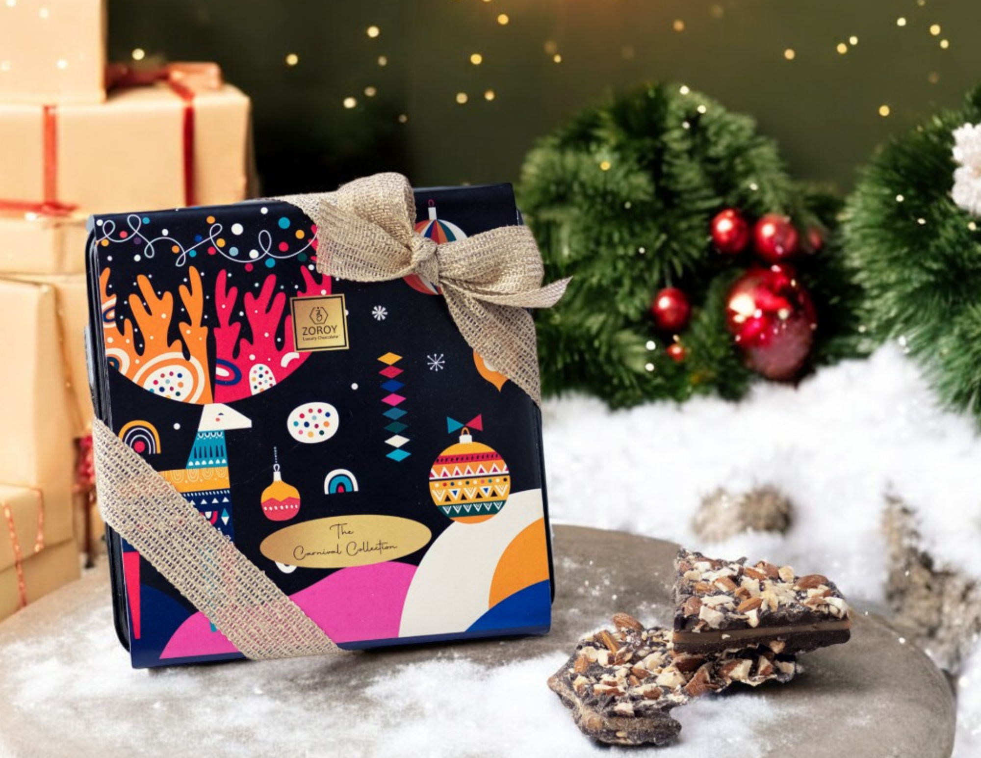 ZOROY Christmas Message Almond Buttercrunch Tin (crisp caramelized center coated with dark chocolates & almonds) - 150 gms