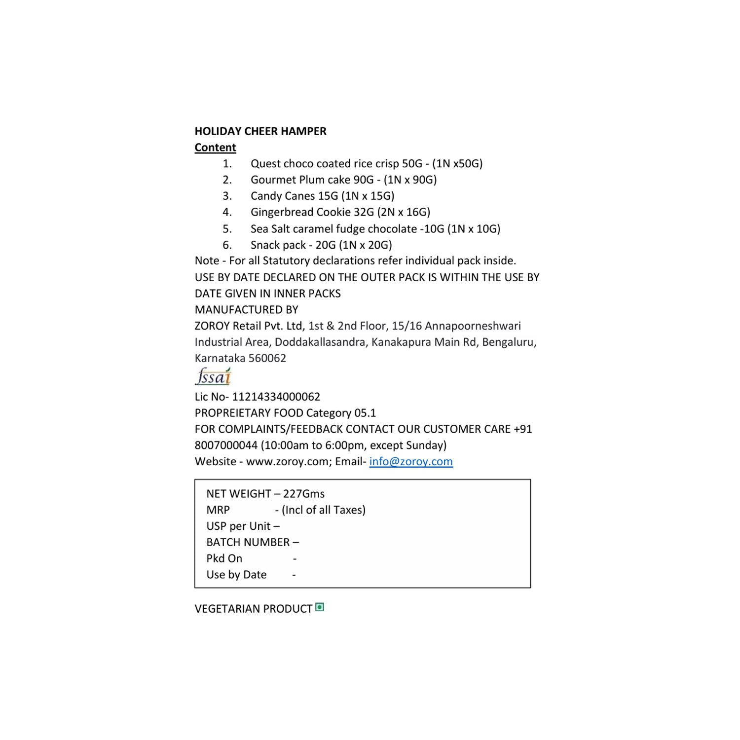 ZOROY Holiday Cheer Christmas Gift Hamper | Plum Cake, Chocolate, Candy Cane & Gingerbread cookie | Secret Santa, Corporate Gifting