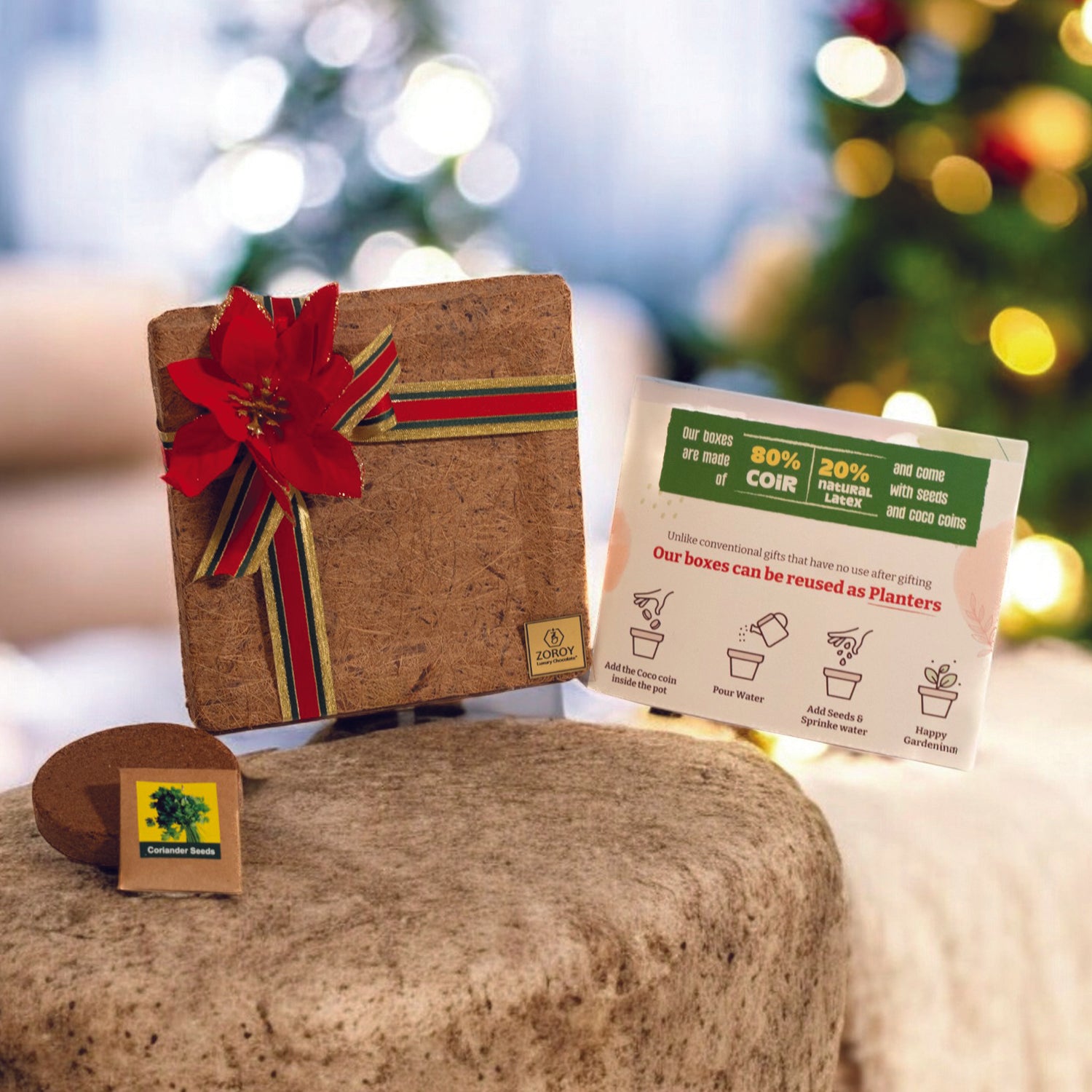 ZOROY Holiday Planter Christmas Gift Hamper | Reusable Planter Box with Seeds, Coco Peat, Plum Cake, Candy Cane, Soy Candle & Chocolates | Eco-Friendly & Festive Gifting