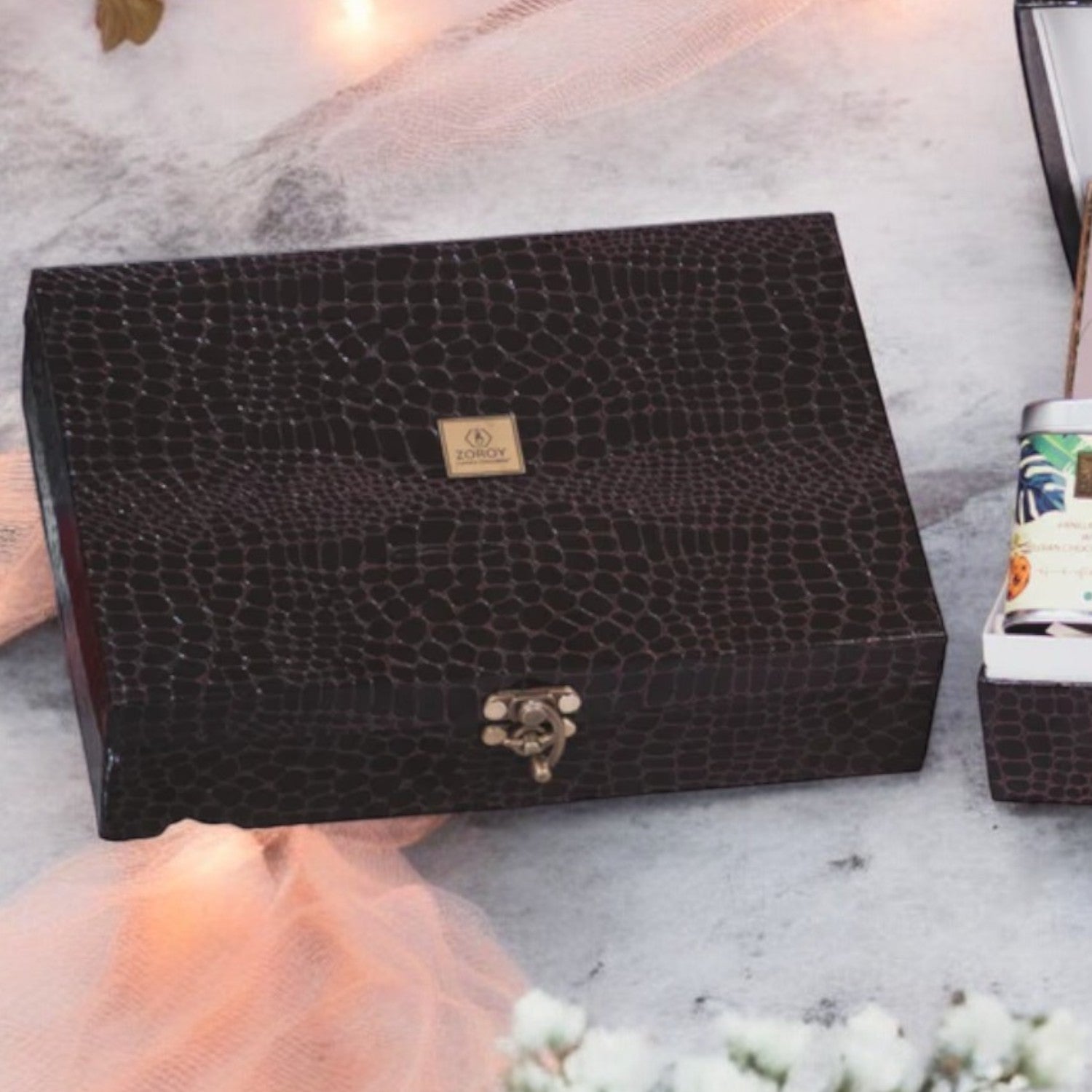 ZOROY Chest Sandook Gift Box with Assorted Cookies, Chocolates & Candle Combo Hamper