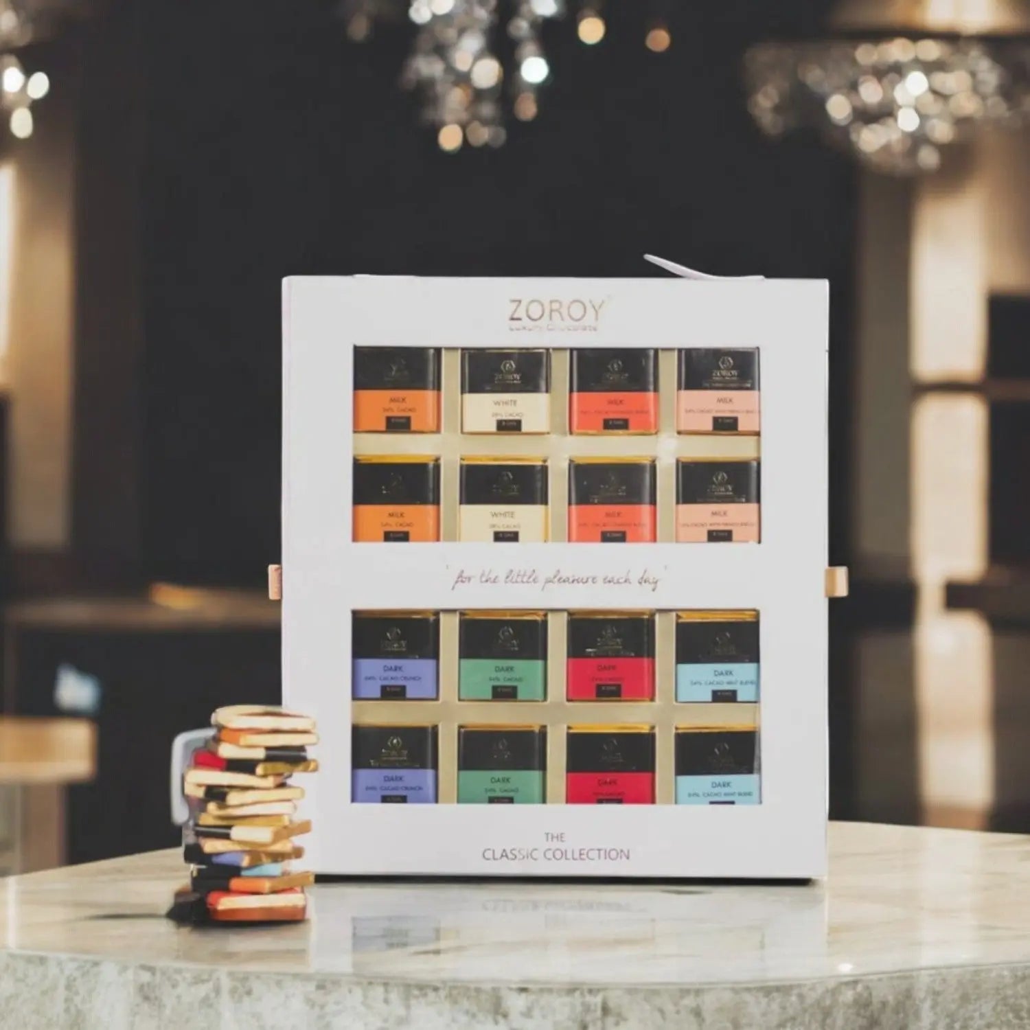 ZOROY LUXURY CHOCOLATE Box of 16 Pure Couverture Chocolate Thins | Dark Milk White chocolate | Signature Belgian style | 16 pieces in a box - 138 Gms - ZOROY