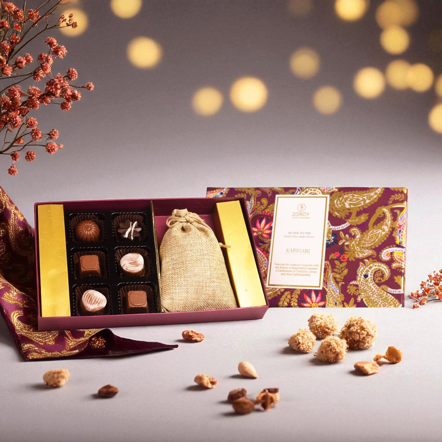 ZOROY Diwali gift Box of 6 chocolates and 100gms dry fruits