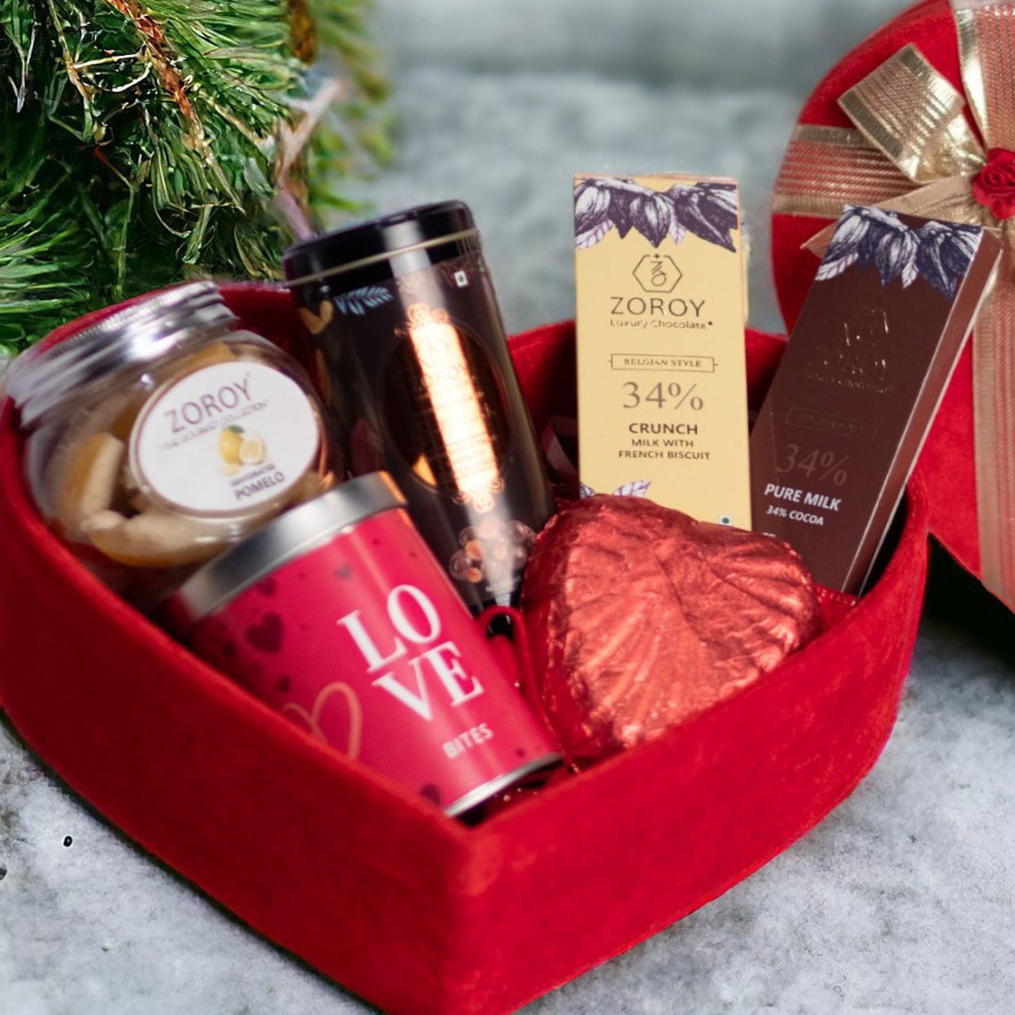 ZOROY Luxury Chocolate My Heart For You Valentines Hamper | Velvet Heart Box | Assorted chocolate | Chocolate coated Nuts 100G | Dehydrated fruits 100G | Belgian bars 2 Nos | 100% Veg