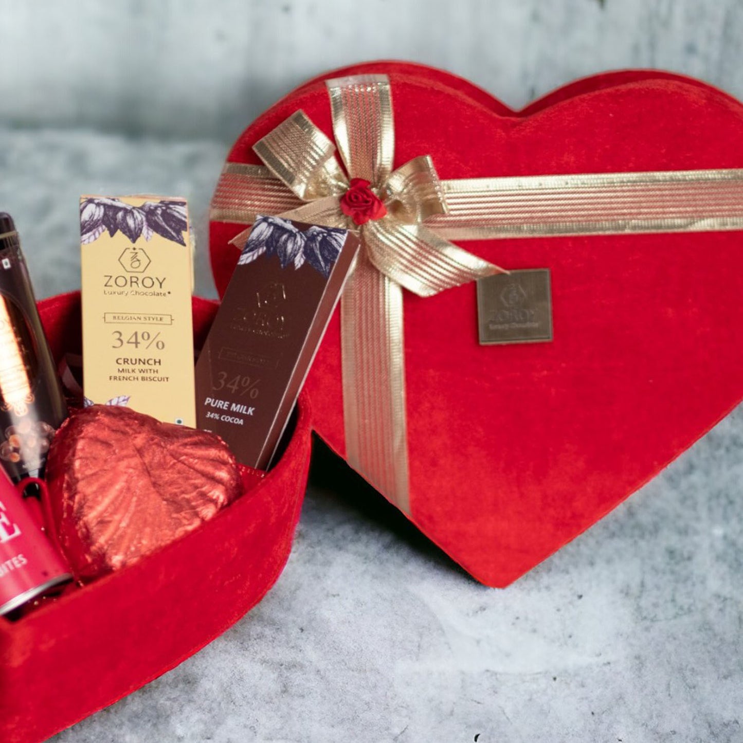 ZOROY Luxury Chocolate My Heart For You Valentines Hamper | Velvet Heart Box | Assorted chocolate | Chocolate coated Nuts 100G | Dehydrated fruits 100G | Belgian bars 2 Nos | 100% Veg